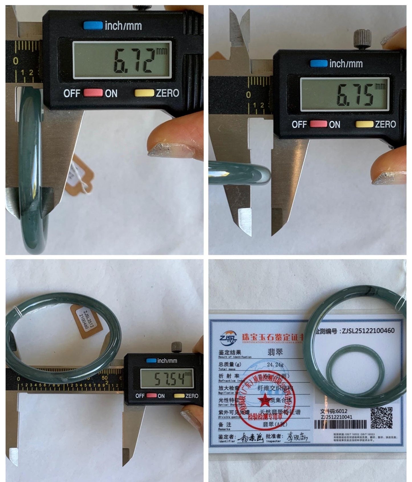Certified Natural Grade A Guatemalan Icy Translucent Grayish Blue Wuji Marbled Jade Jadeite Bangle Bracelet 57.5mm 7.11” 天然冰危蓝灰乌鸡细圆条翡翠手镯 460