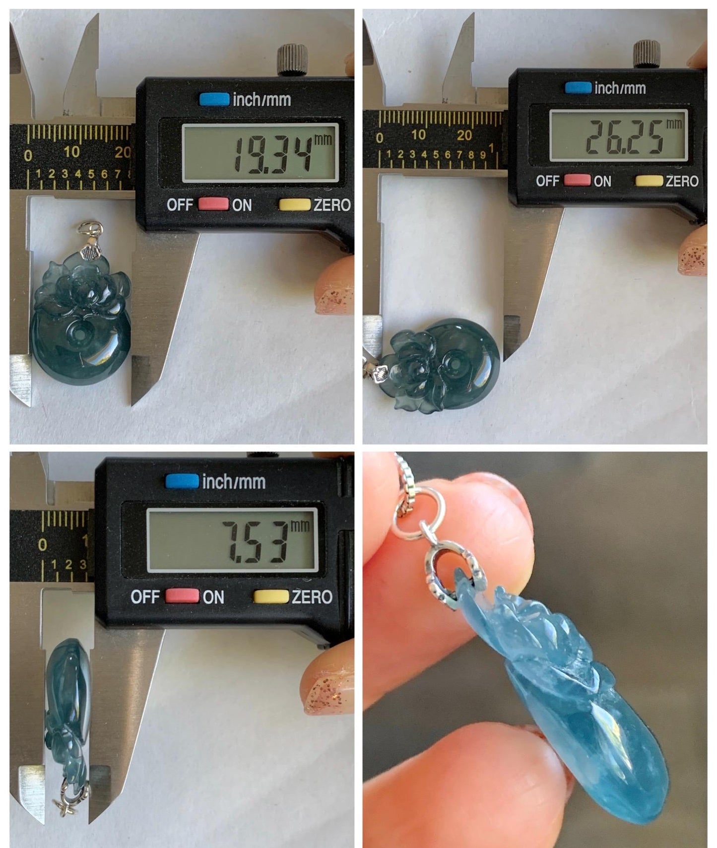 Natural Type A Guatemalan Icy Translucent Aegean Blue Jadeite Lotus Flower Ping An Kou Donut Pendant Sterling Silver 天然冰危牛仔蓝翡翠莲花平安扣吊坠DWH369A