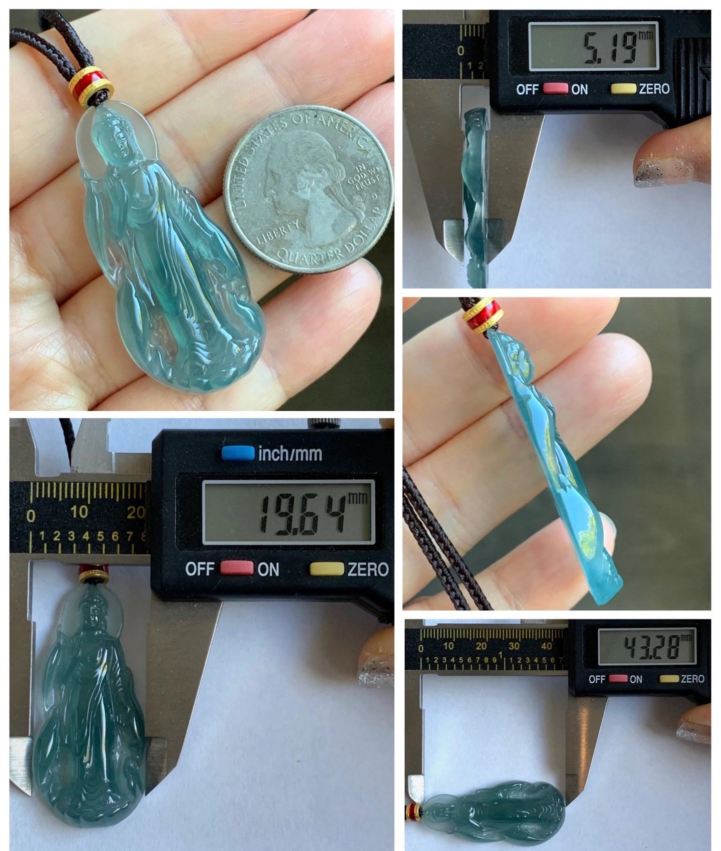 Natural Grade A Guatemalan Icy Highly Translucent Dark Teal Blue Jade Jadeite Guanyin Pendant Rope Necklace 28” 8g 天然冰胶危蓝绿翡翠站观音吊坠 GWZ380A
