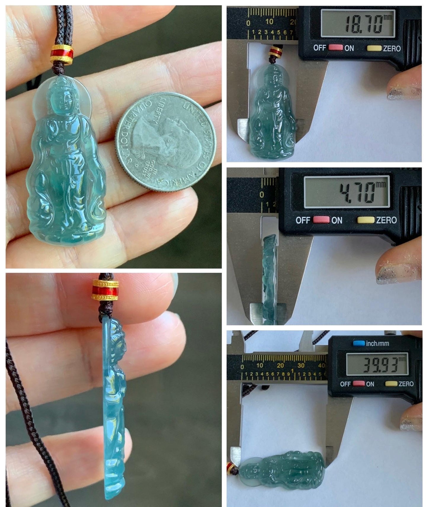 Natural Grade A Guatemalan Icy Highly Translucent Dark Teal Blue Jade Jadeite Guanyin Pendant Rope Necklace 27.5” 7g 天然冰胶危蓝绿翡翠站观音吊坠 GWZ380B