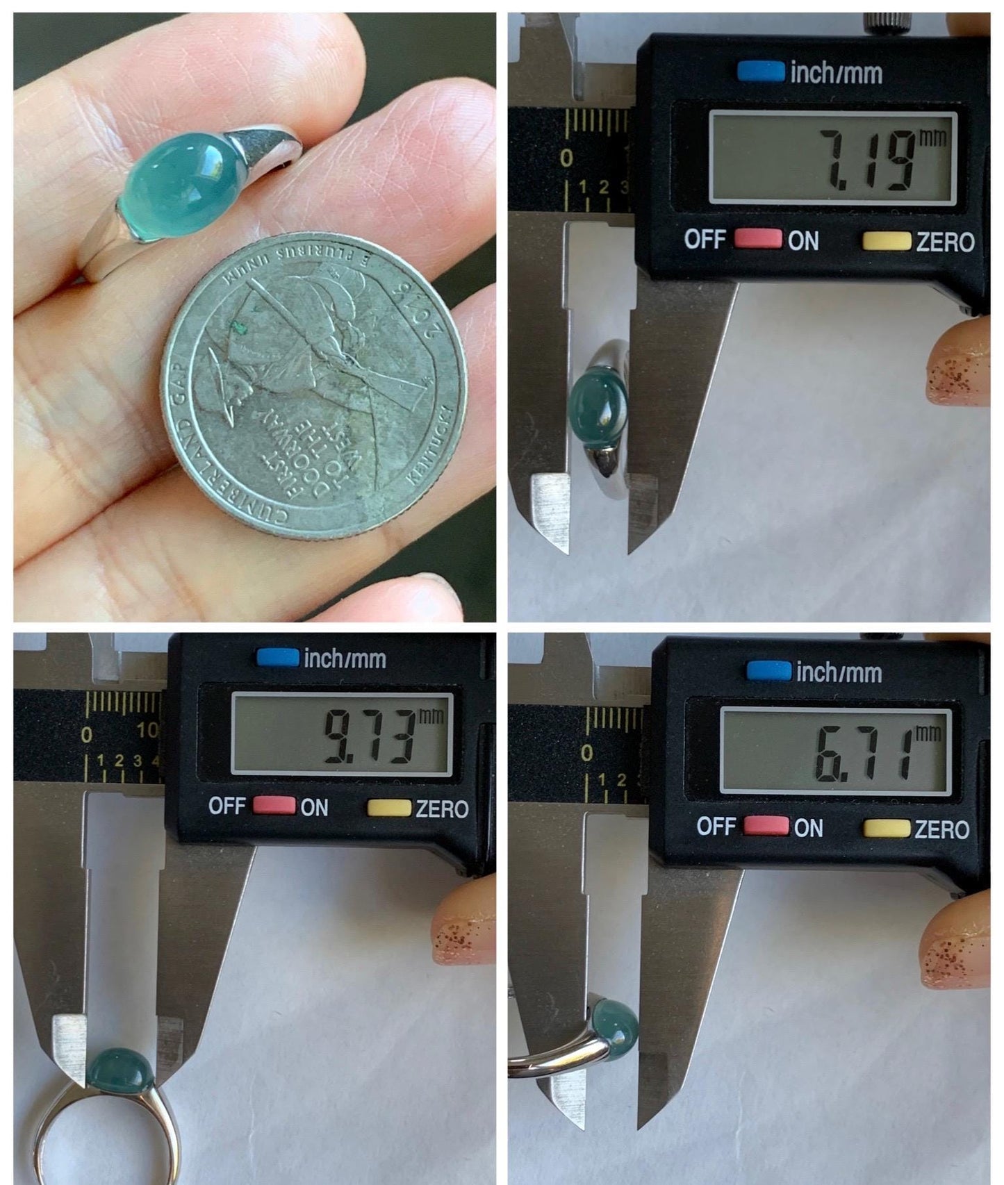 Natural Grade A Guatemalan Icy Translucent Teal Blue Oval Cabochon Jade Jadeite Ring Sterling Silver Size Adjustable 天然冰危蓝绿翡翠银镶戒指 JDX223B