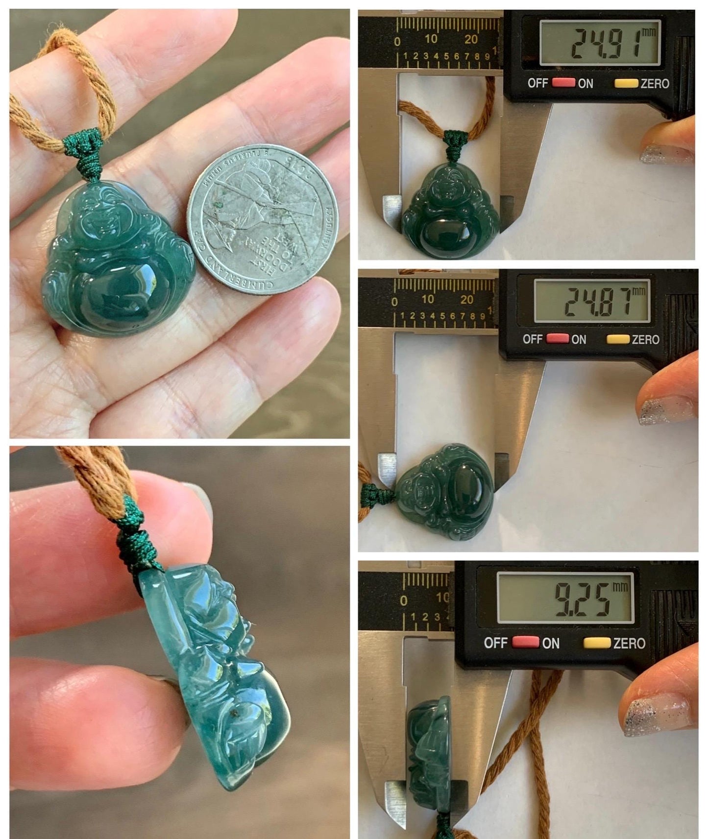 Natural Grade A Guatemalan Icy Translucent Dark Teal Green Jade Jadeite Thick Buddha Pendant Rope Necklace 26.5" 9g 天然冰危蓝绿翡翠厚佛公吊坠 HWF88