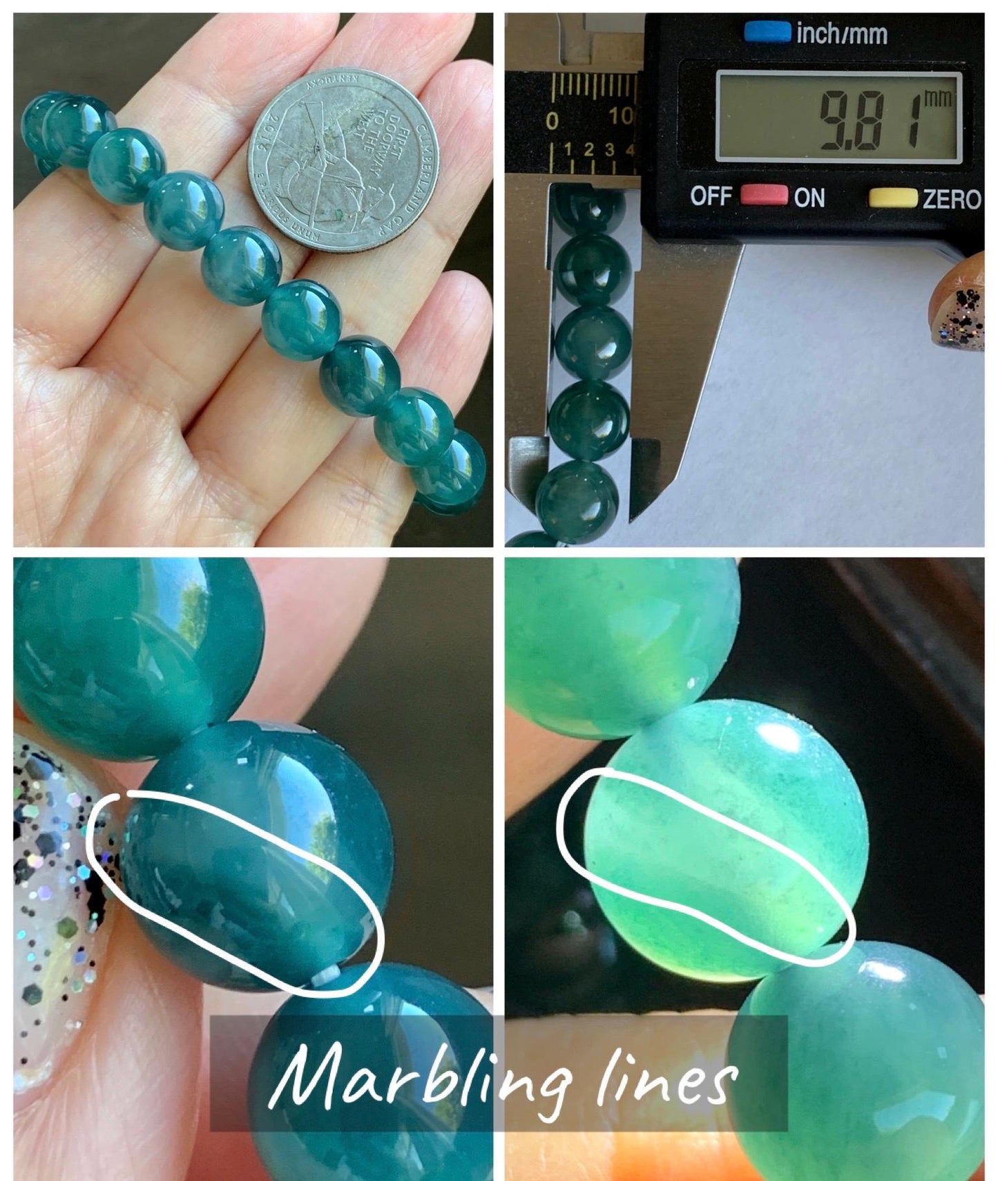 Natural Grade A Guatemalan Icy Highly Translucent Dark Teal Green Jade Jadeite Beaded Bracelet Stretchy 9.8mm 7.25” 32g 天然冰危深蓝绿翡翠圆珠手串WTL480B