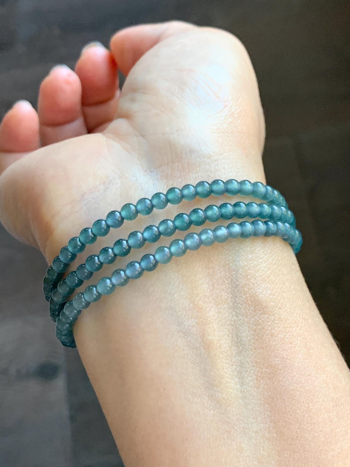 Grade A Natural Guatemalan Icy Highly Translucent Dusty Teal Blue Jade Jadeite Petite Beaded Necklace 3.9mm 20” 14g 天然冰危蓝翡翠圆珠项链 WXL628
