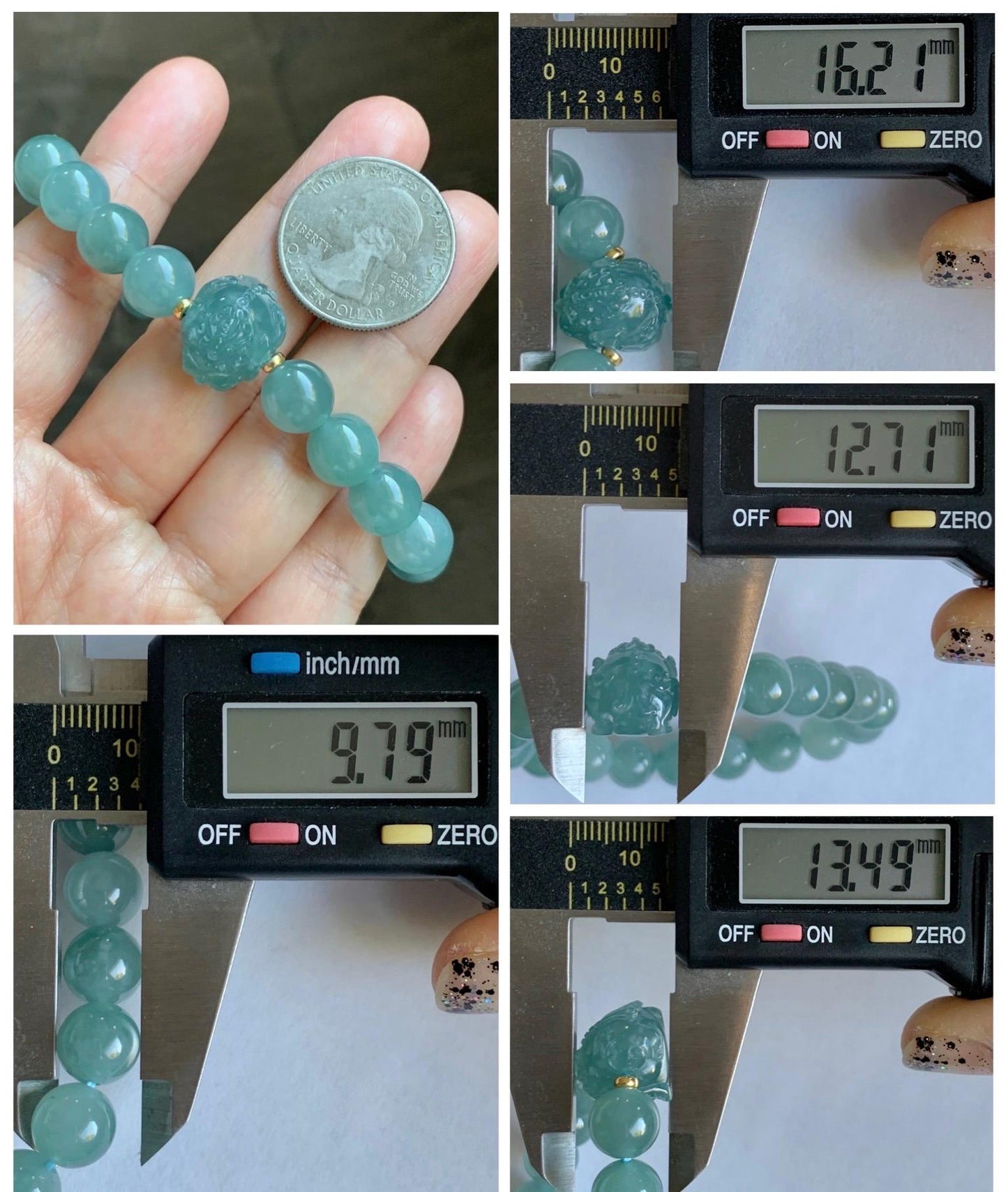 Natural Grade A Guatemalan Icy Highly Translucent Dusty Teal Blue Jade Jadeite Pixiu Beaded Bracelet 9.8mm 7.5” 35g 天然冰危蓝绿翡翠貔貅圆珠手串 WVP358