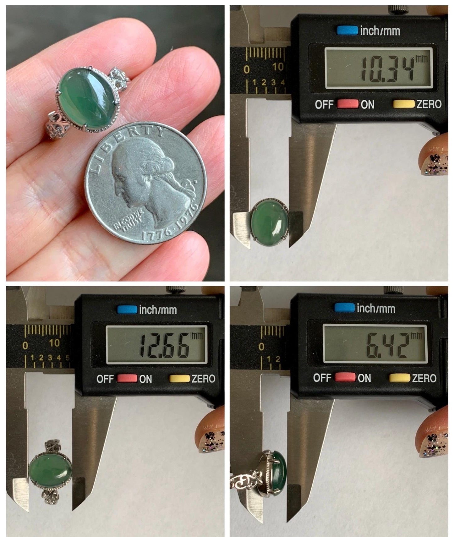 Natural Grade A Guatemalan Icy Translucent Dark Teal Green Oval Jade Jadeite Ring Sterling Silver Size Adjustable 天然冰危深蓝绿翡翠银镶戒指 WSL132