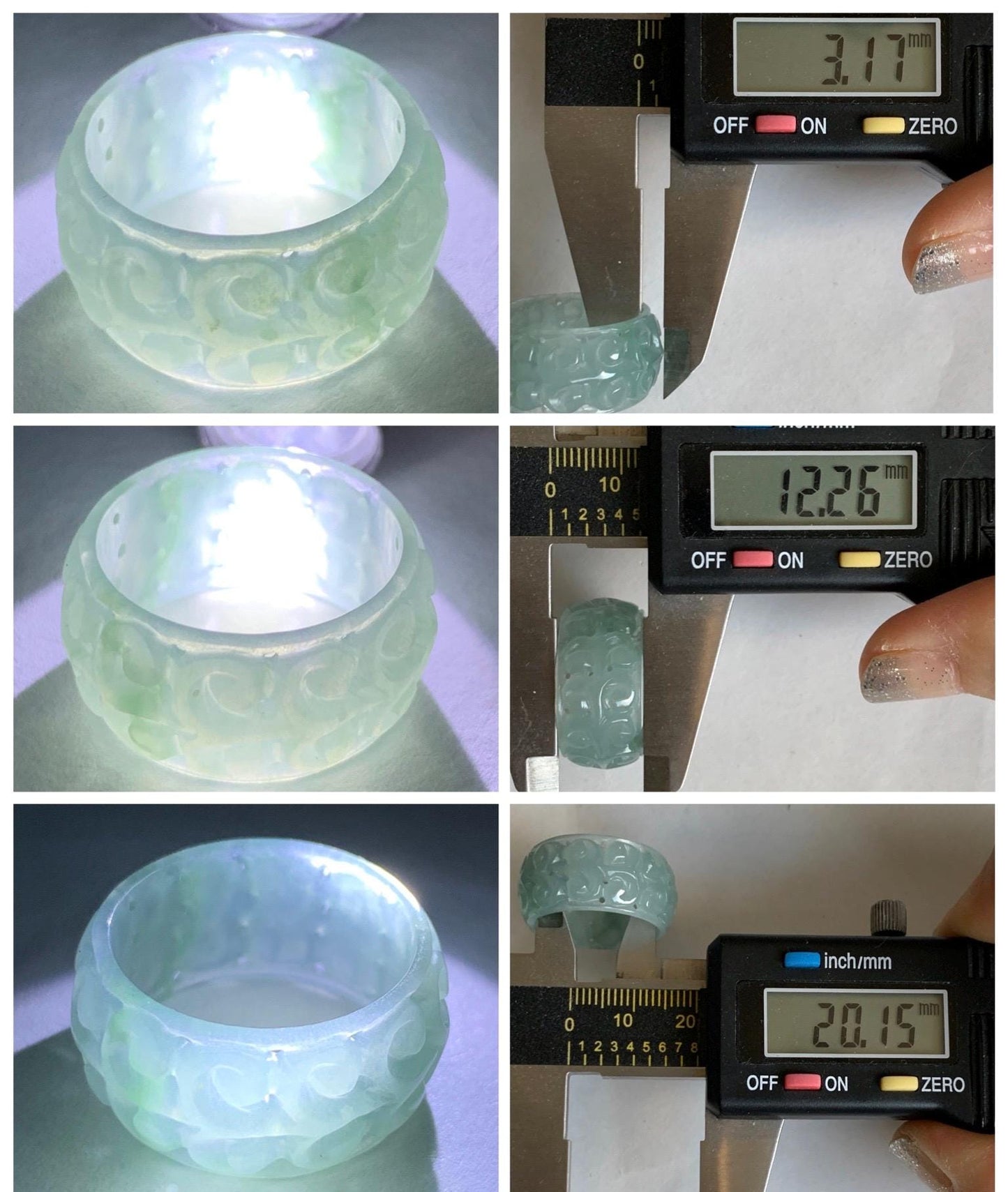 Natural Grade A Guatemalan Icy Translucent Pastel Dusty Blue Jade Jadeite Openwork Engraved Band Ring Size 10.25 US 天然冰危淡蓝飘花翡翠镂空雕戒圈 LK330B