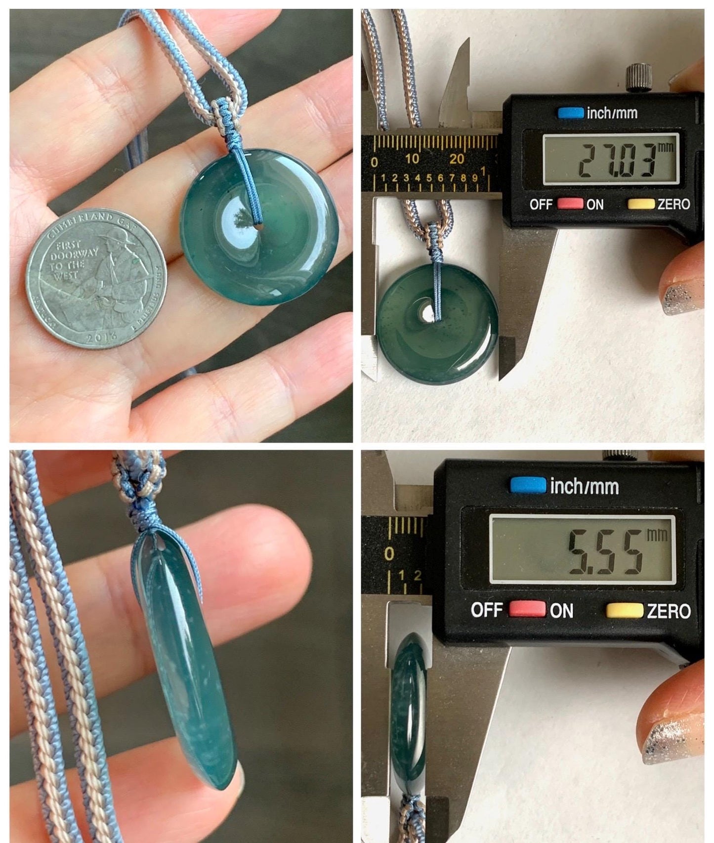 Natural Grade A Guatemalan Icy Translucent Dark Teal Blue Jade Jadeite Ping An Kou Donut Pendant Rope Necklace 27” 11g 天然冰危深蓝绿翡翠平安扣吊坠WPK330C