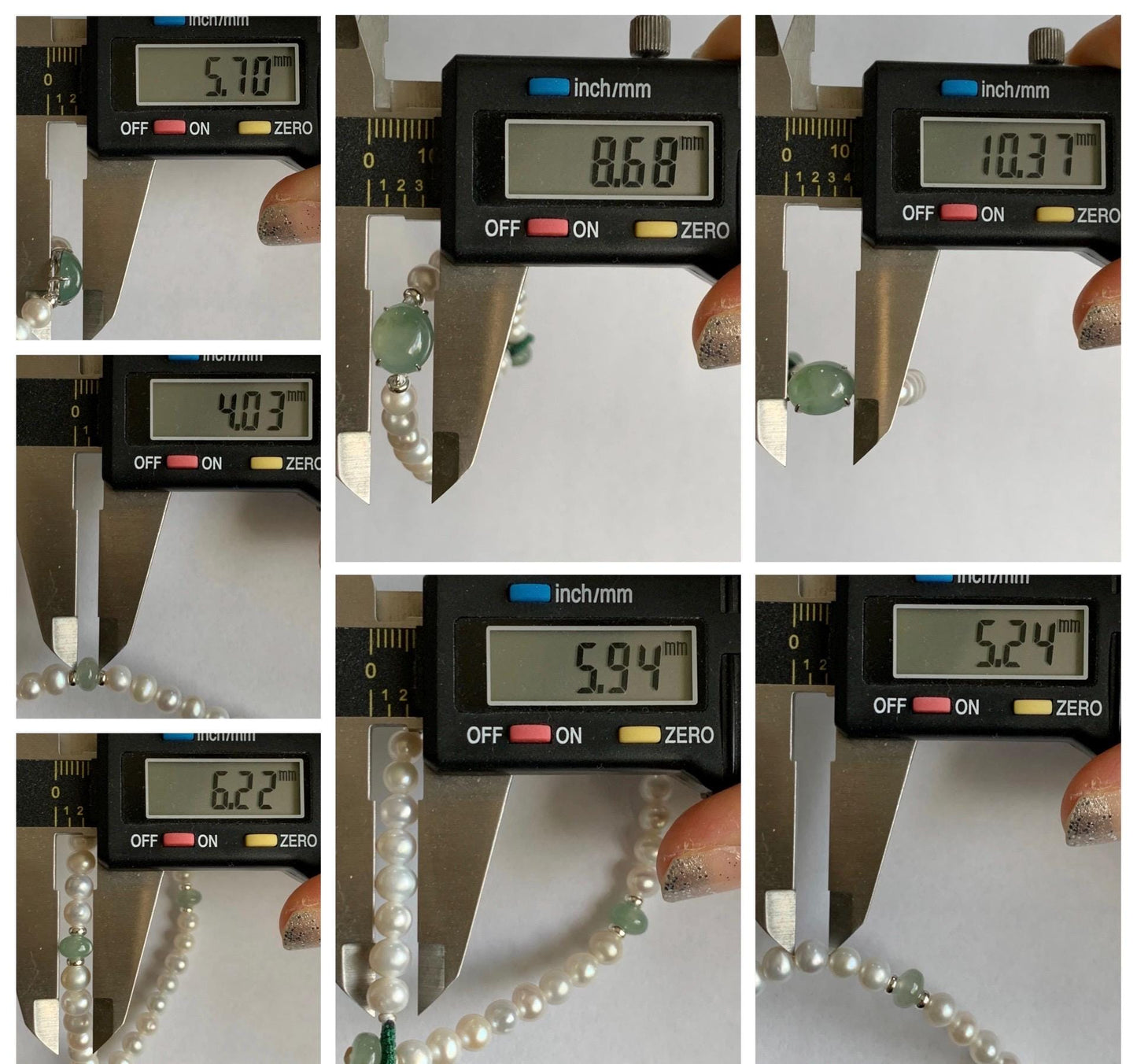 Natural Freshwater All-Nacre Pearls Grade A Icy Translucent Light Green Jade Jadeite Beaded Bracelet Sterling Silver 7" 天然淡水无核珍珠冰晴翡翠手串 ZQ203