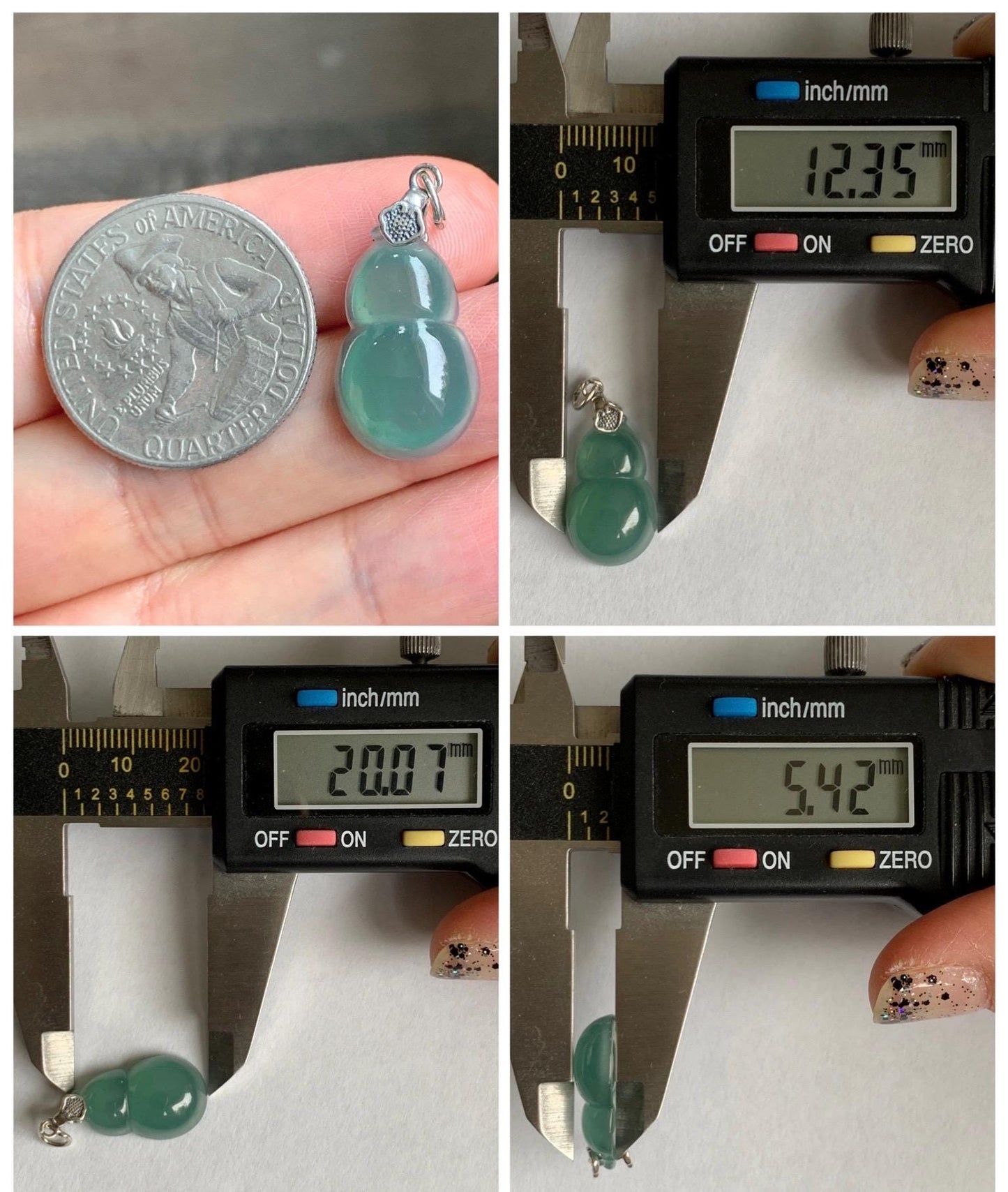 Natural Grade A Guatemalan Icy Translucent Teal Green Jade Jadeite Gourd Hulu Pendant Sterling Silver 3g 天然冰危蓝绿翡翠葫芦吊坠 WHG110A