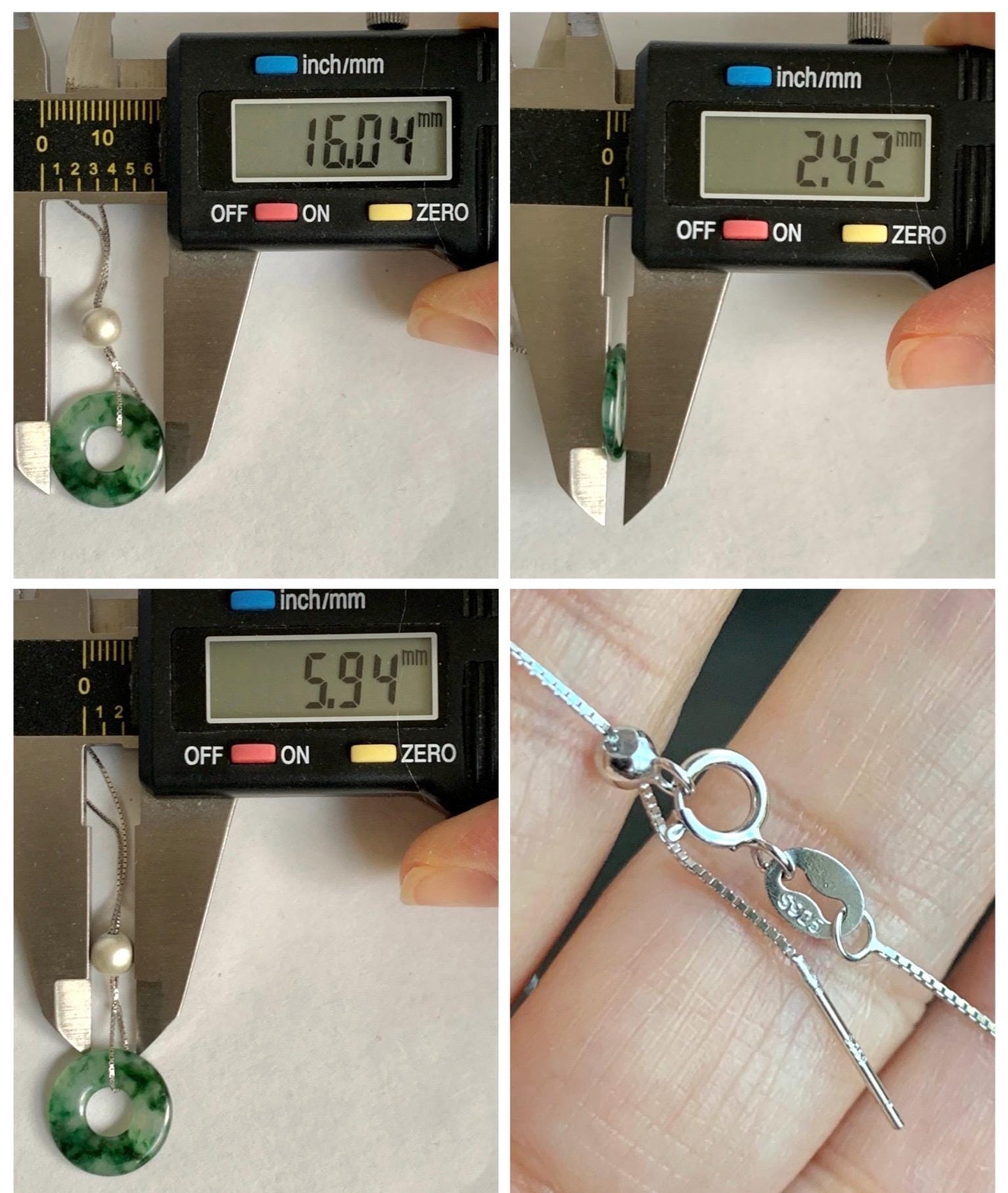 Natural Grade A Icy Translucent Green Marbled Jade Jadeite Ping An Kou Donut Pendant Sterling Silver Necklace 16” 天然老种冰飘绿花翡翠平安扣吊坠项链 MPH528A