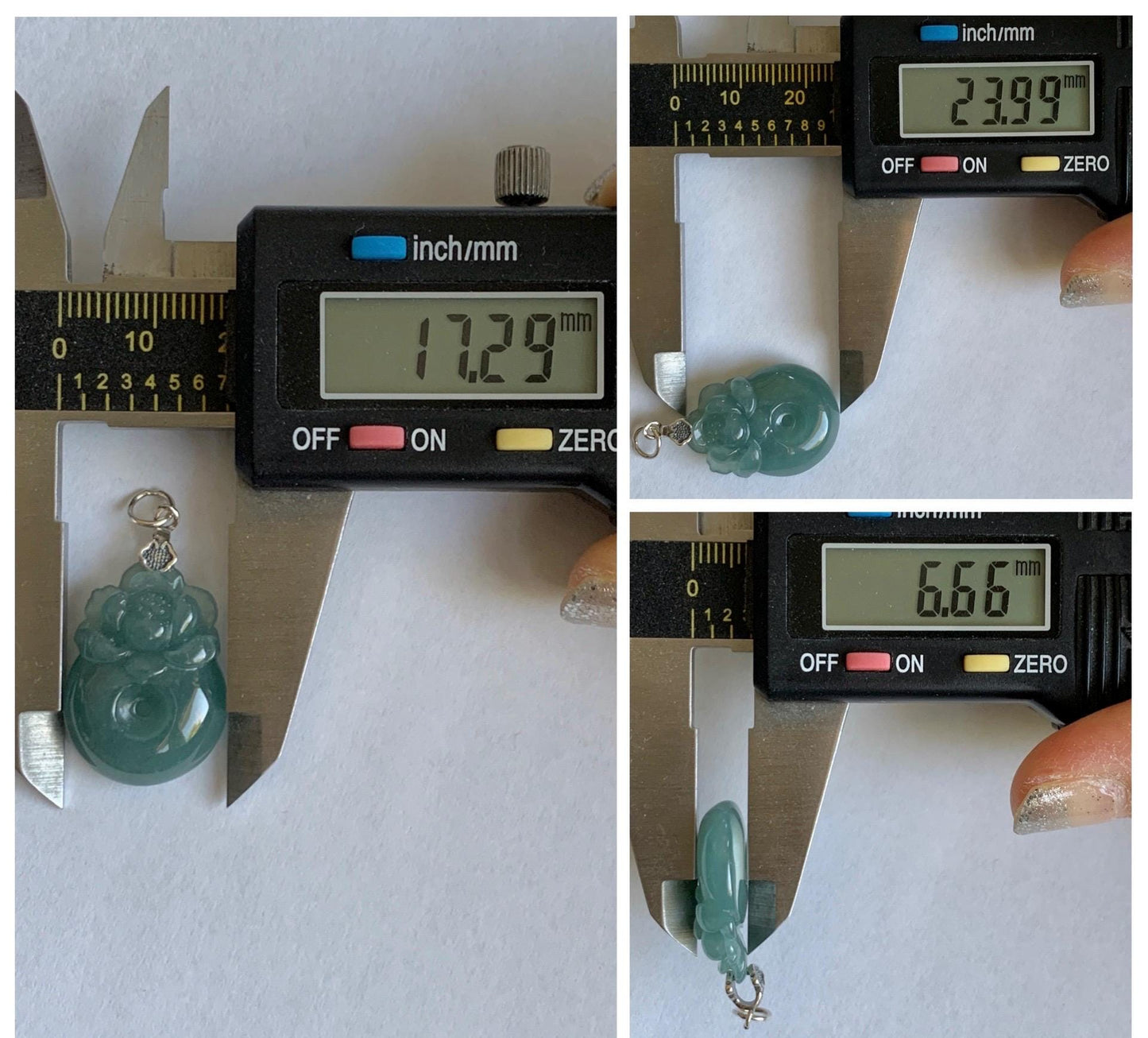 Natural Grade A Guatemalan Icy Translucent Teal Blue Jadeite Lotus Flower Ping An Kou Donut Pendant Sterling Silver 5g 天然冰危蓝翡翠莲花平安扣吊坠 WTL165