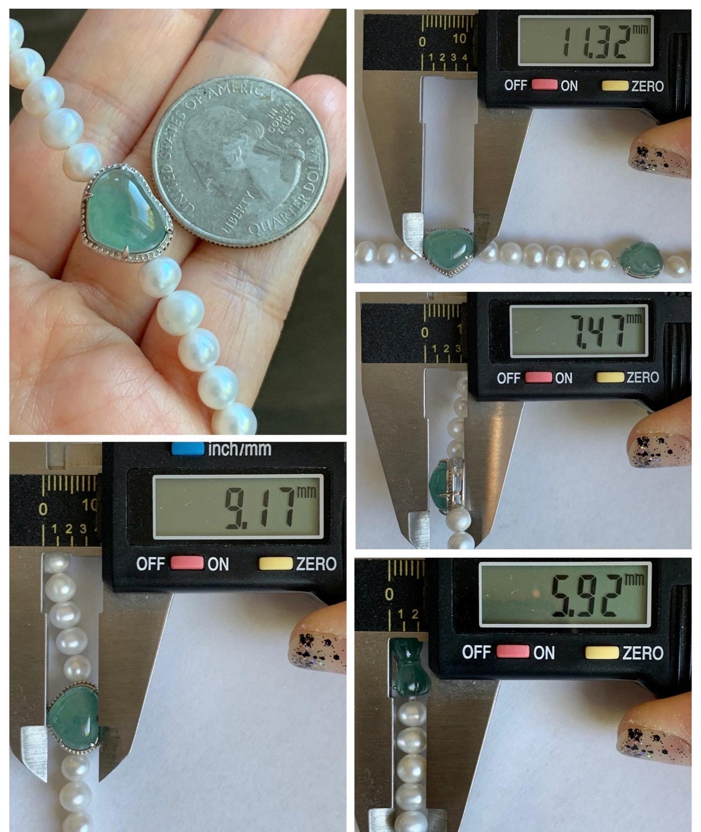 Natural Grade A Icy Translucent Teal Green Jadeite Charms Natural Freshwater Pearls Beaded Bracelet Sterling Silver 7" 天然淡水无核珍珠冰晴翡翠手串ZHF239