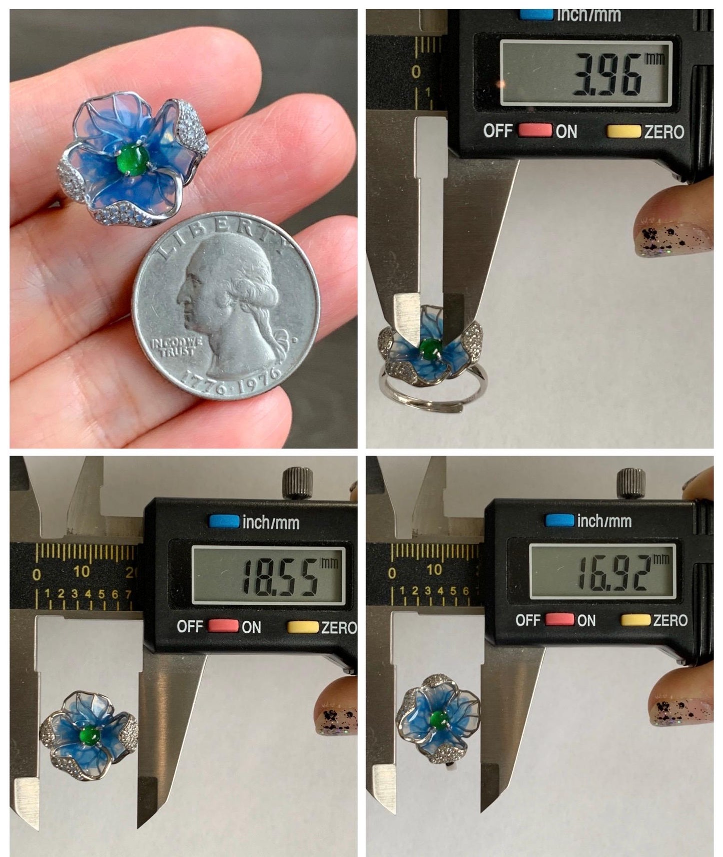 Natural Grade A Guatemalan Icy Translucent Vibrant Green Jade Jadeite Flower Ring Sterling Silver Blue Resin 3g 天然冰危绿翡翠银镶花戒指 LHH82R