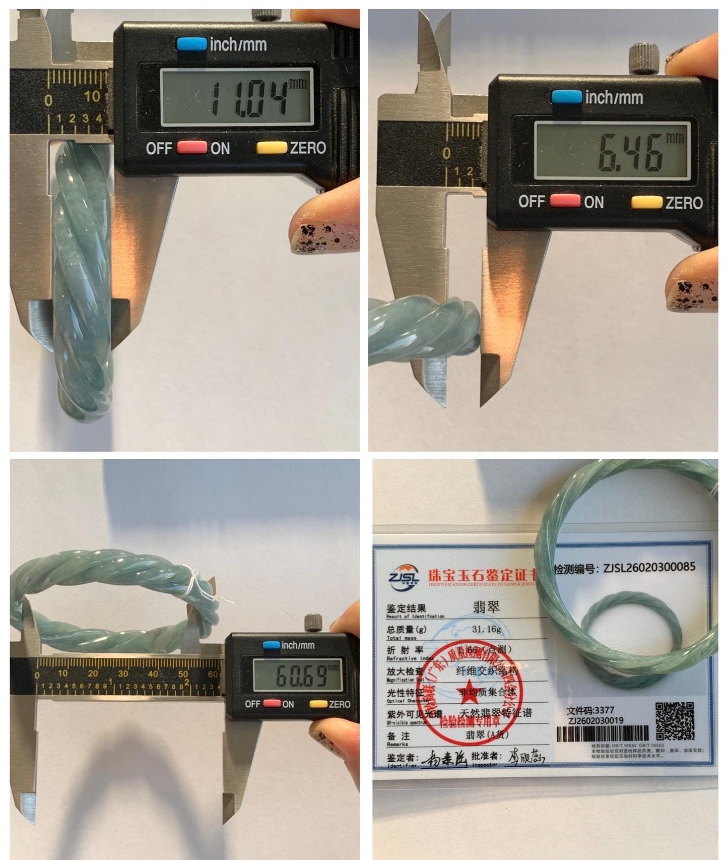 Certified Natural Grade A Guatemalan Icy Translucent Dusty Blue Wuji Jade Jadeite Carved Braid Bangle 60mm 7.4” 31g 天然冰危暗蓝乌鸡翡翠麻花手镯 085