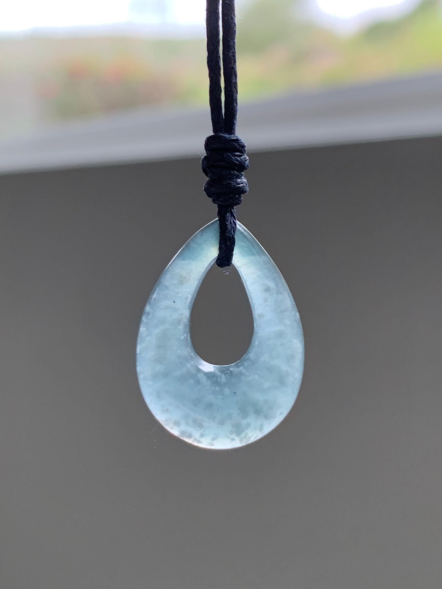 Natural Grade A Guatemalan Icy Highly Translucent Pastel Dusty Blue Jade Jadeite Teardrop Pendant Rope Bracelet 27” 天然冰危浅蓝翡翠小水滴项链WSD33B