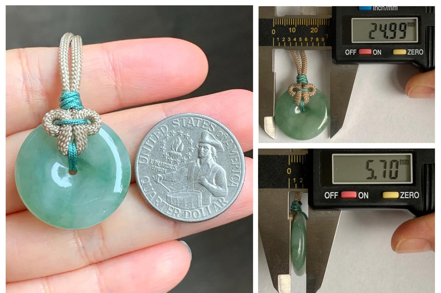 Natural Grade A Icy Translucent Light Green Marbled Jade Jadeite Ping An Kou Donut Pendant Rope Necklace 26" 10g 天然冰晴绿飘花翡翠平安扣吊坠项链 MLP88A