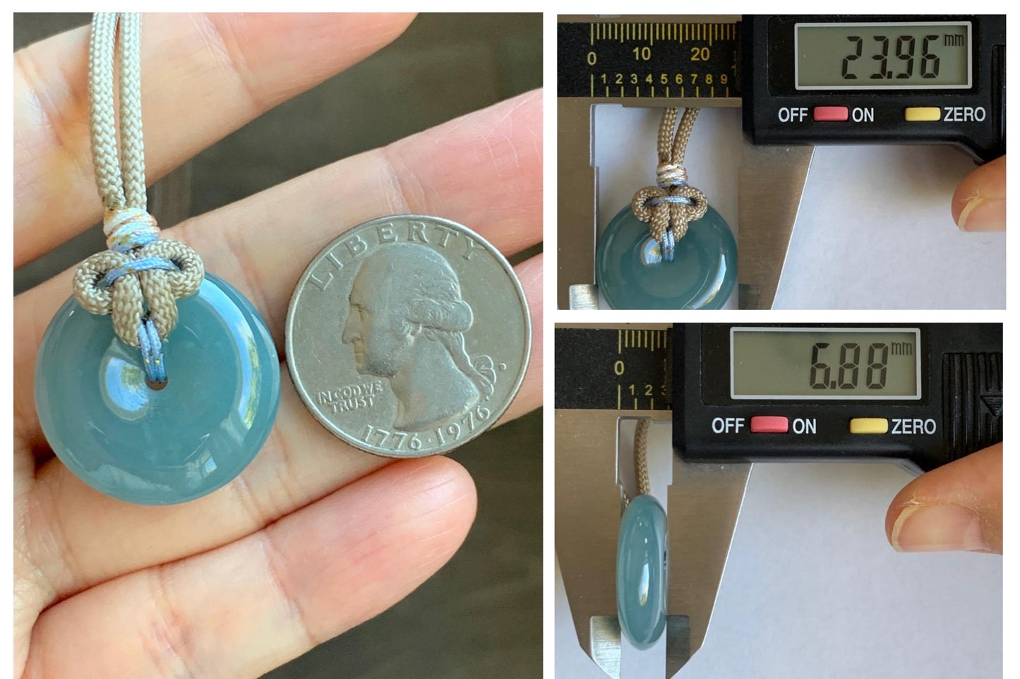 Natural Grade A Guatemalan Icy Highly Translucent Dusty Blue Jade Jadeite Ping An Kou Donut Pendant Rope Necklace 25" 天然冰危蓝翡翠平安扣吊坠项链 WLP88