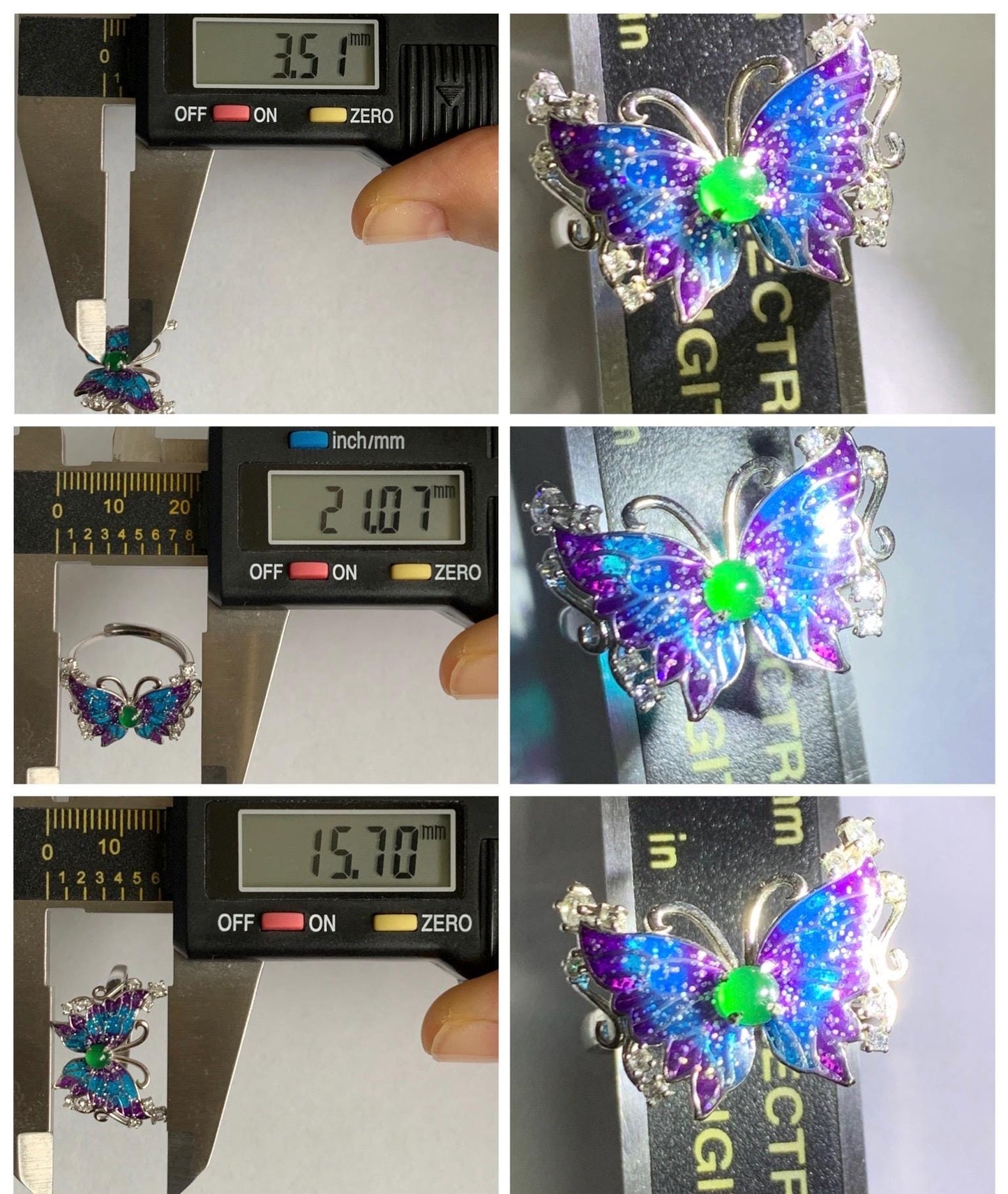 Natural Grade A Guatemalan Icy Translucent Vibrant Green Jade Jadeite Butterfly Enamel Ring Sterling Silver 天然冰危绿翡翠银镶蝴蝶烤漆戒指 HDL140A