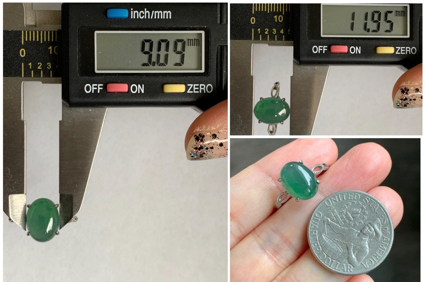 Natural Grade A Guatemalan Icy Translucent Dark Teal Green Oval Jade Jadeite Ring Sterling Silver Size Adjustable 天然冰危深蓝绿翡翠银镶戒指 SWL110