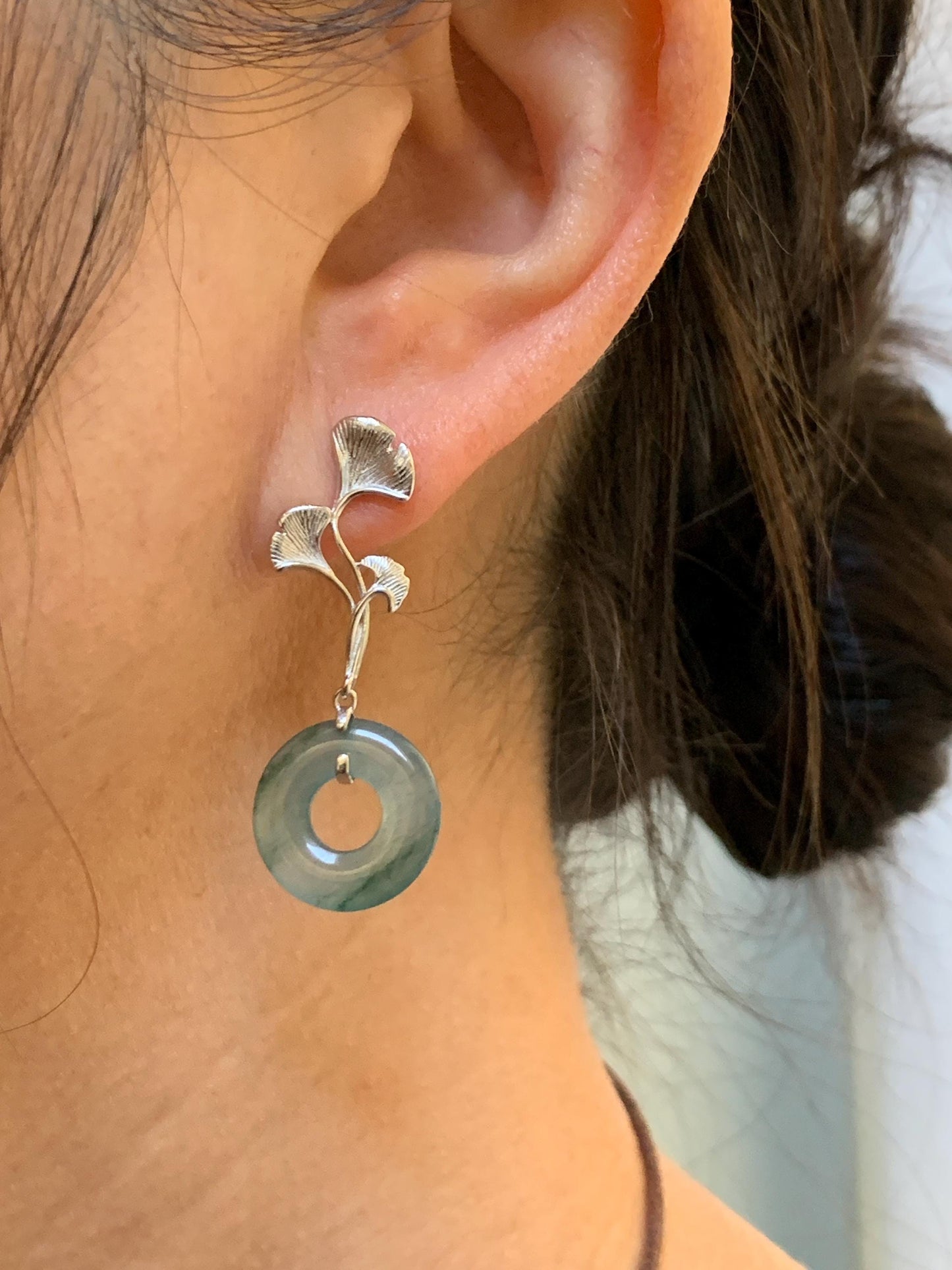 Natural Guatemalan Icy Translucent Light Teal Green Marbled Jadeite Ping An Kou Donut Stud Earrings Sterling Silver 天然冰危蓝绿翡翠平安扣银杏叶耳钉 WYX110A