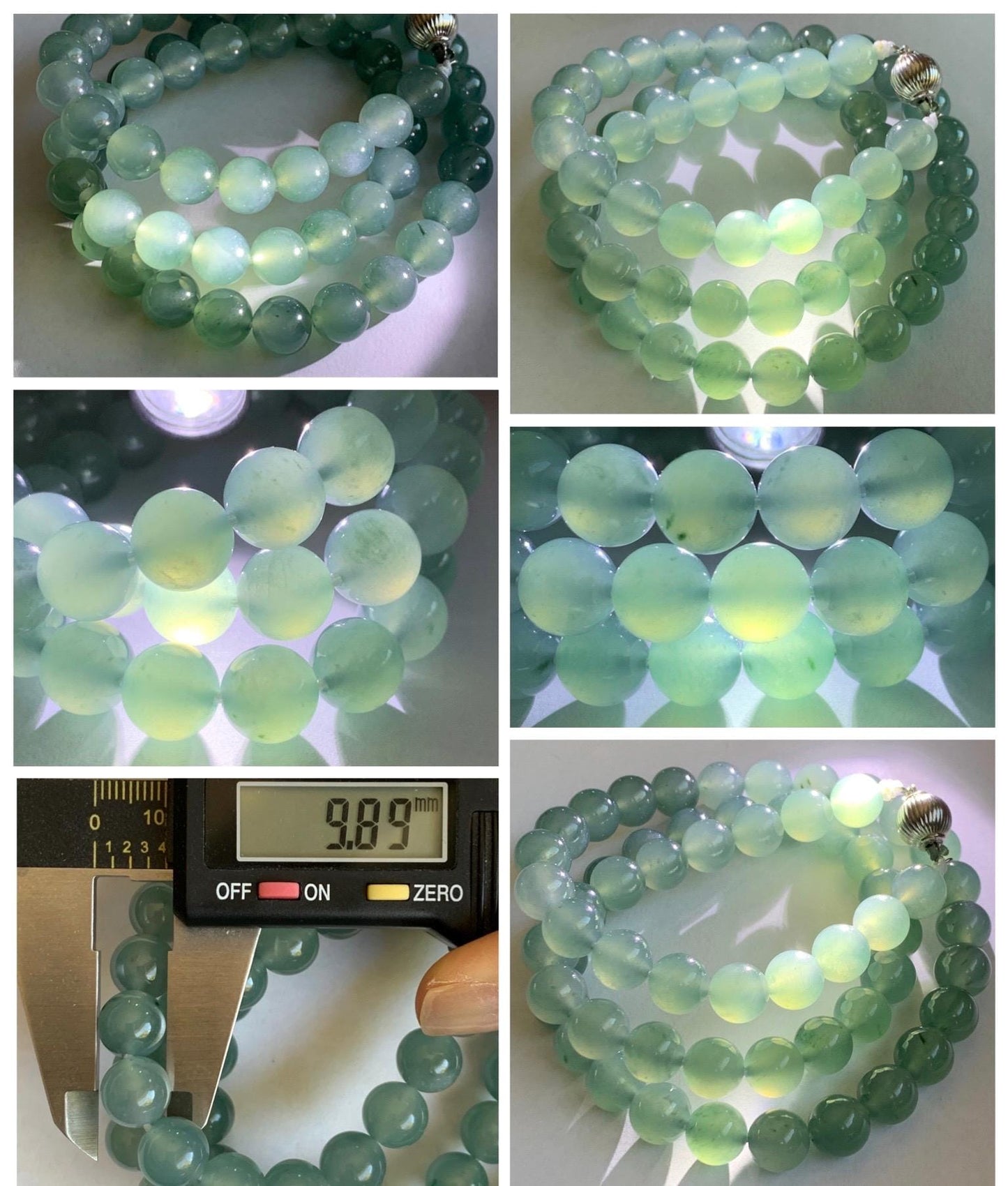Natural Grade A Guatemalan Icy Highly Translucent Light Teal Jade Jadeite Beaded Necklace 24” 99g Sterling Silver 天然冰胶危浅蓝飘绿花翡翠大卡圆珠项链 WQC990