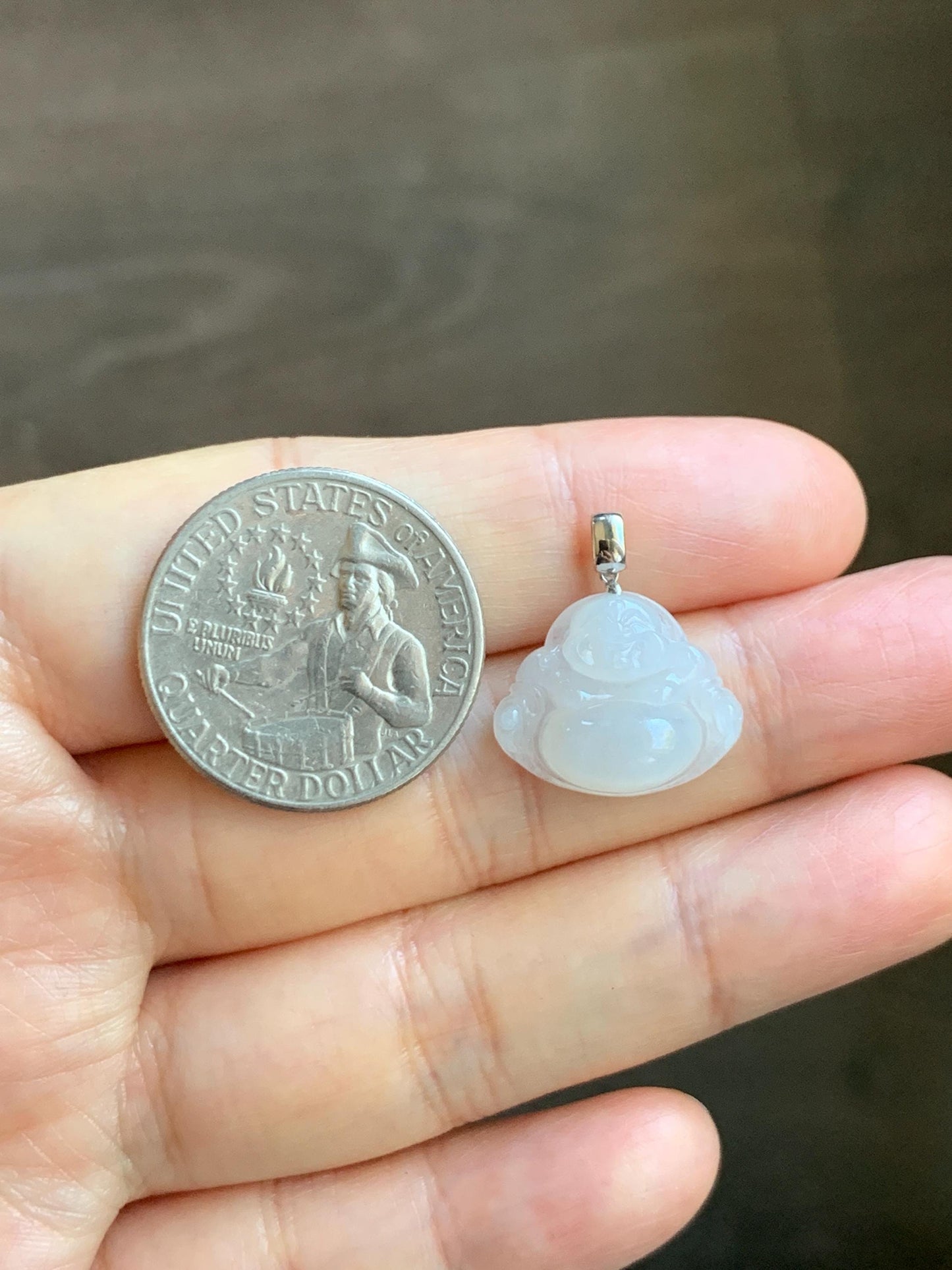 Natural Grade A Icy White Translucent Jade Jadeite Buddha Petite Pendant 18K White Gold 天然白冰翡翠小佛公镶嵌吊坠 MXF248
