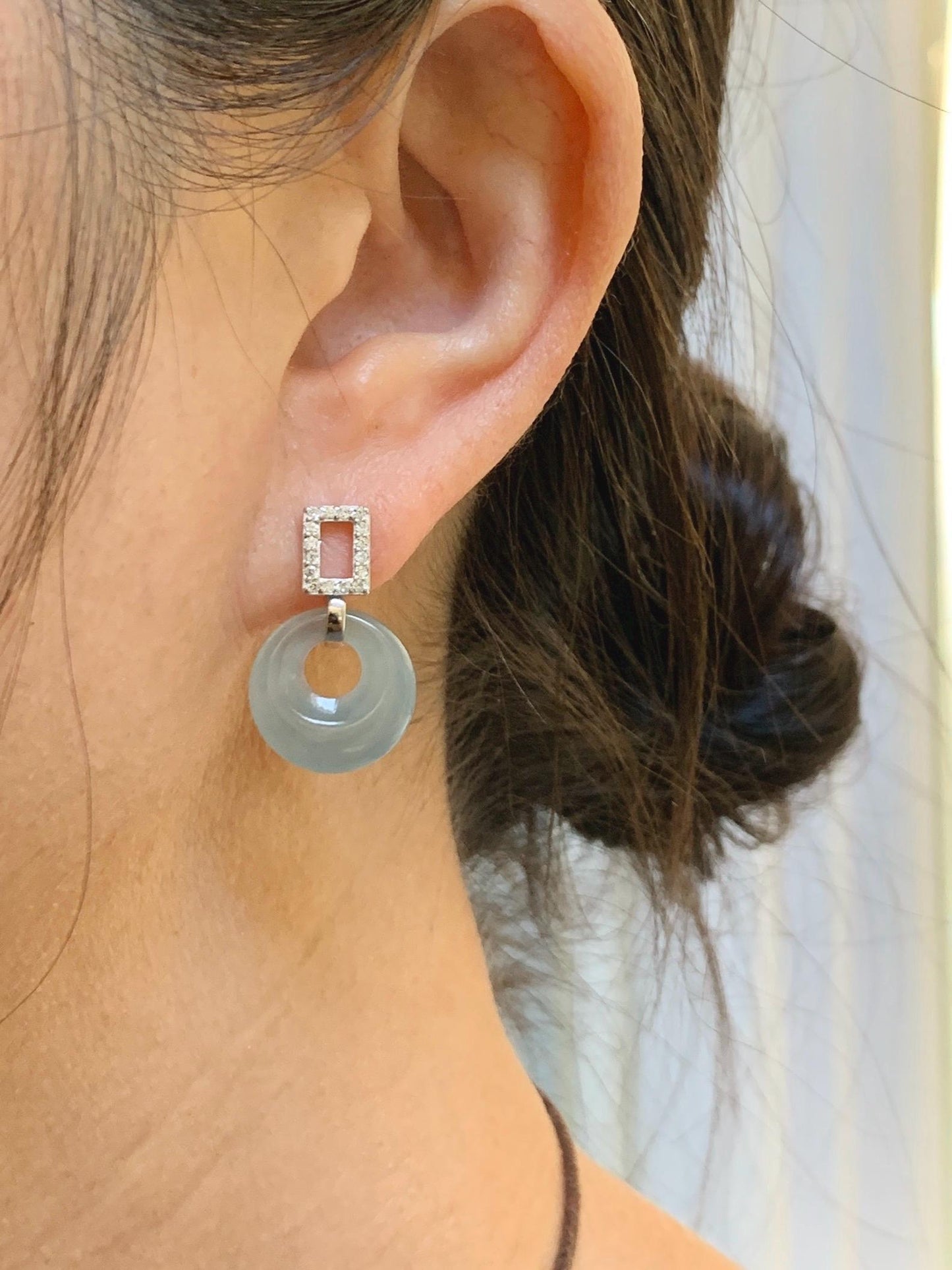 Natural Grade A Guatemalan Icy Translucent Pastel Dusty Blue Jade Jadeite Donut Stud Earrings Sterling Silver 天然冰危淡蓝翡翠公主扣耳包 WGZ77