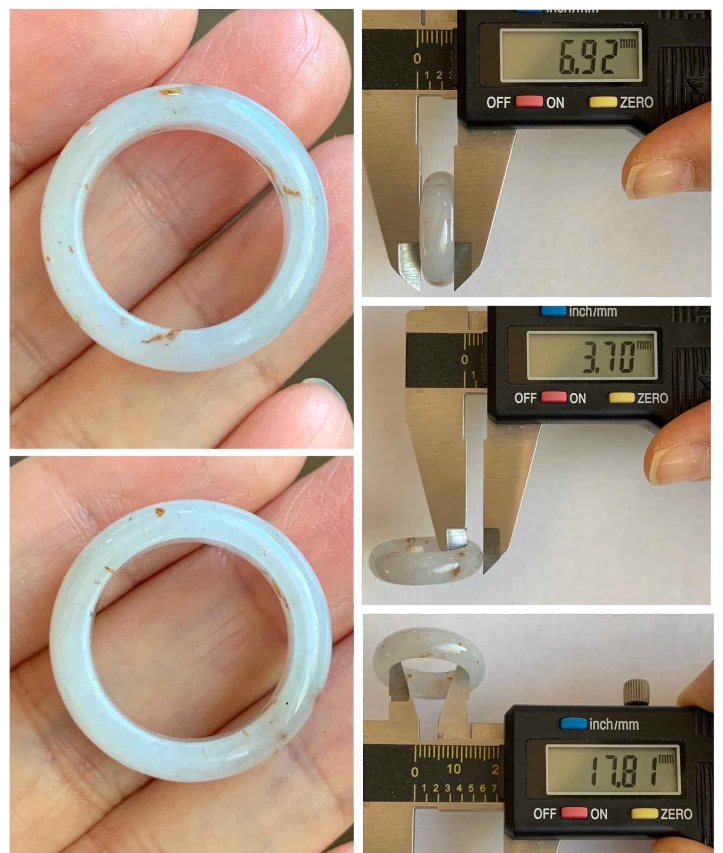 Natural Grade A Icy Translucent White & Golden Brown Marbled Jade Jadeite Band Ring Size 7.5 US 5g 天然冰胶白翡翠撒金戒圈 BSJ100