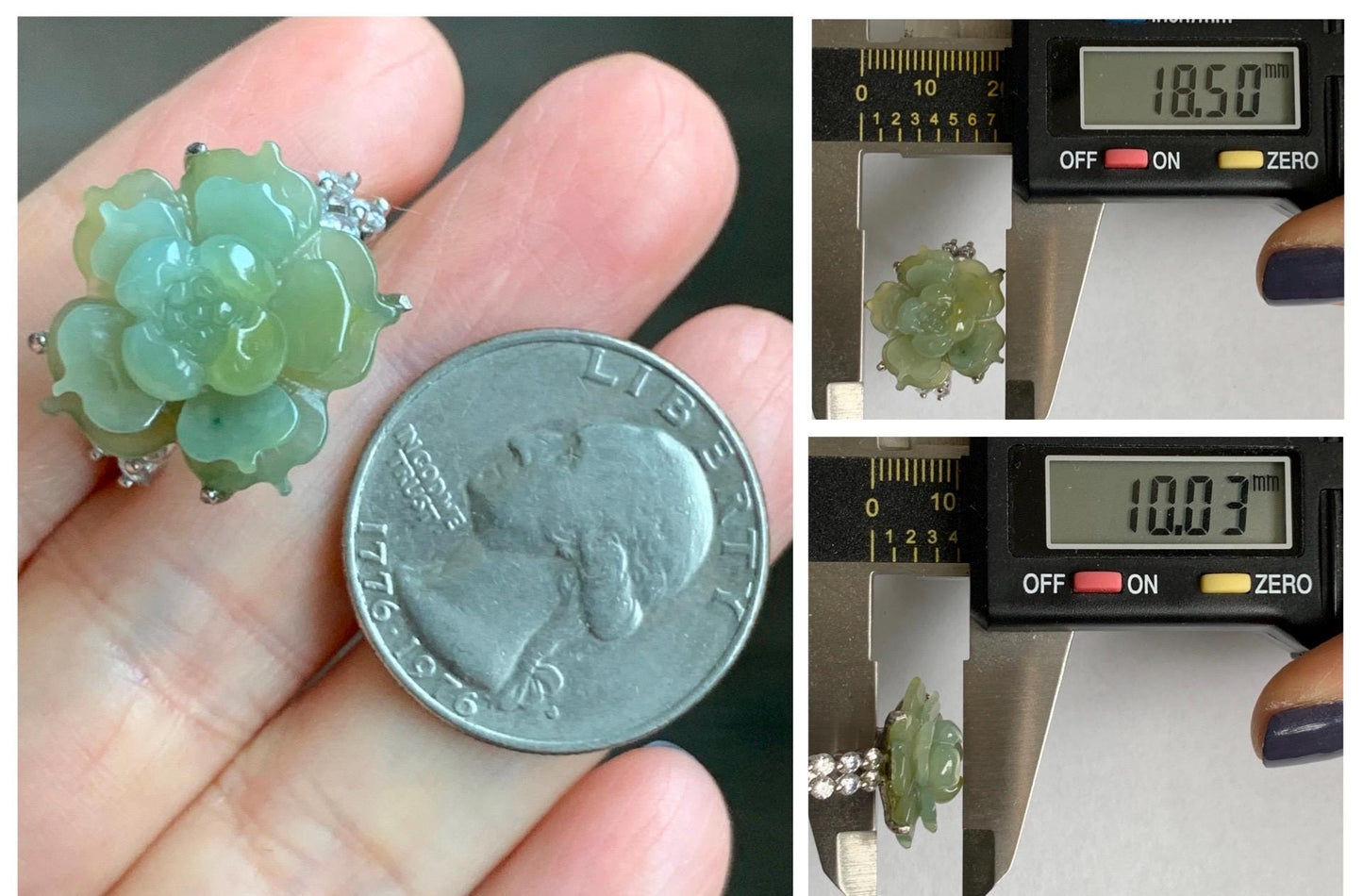 Natural Grade A Guatemalan Icy Translucent Dusty Yellow Jade Jadeite Lotus Flower Ring Sterling Silver Size Adjustable 6g 天然冰危黄翡翠莲花戒指WLY150C