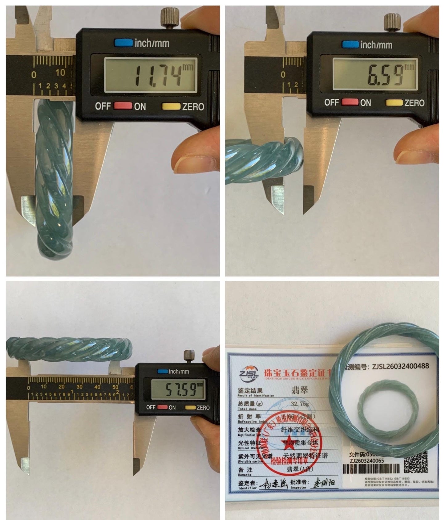 Certified Natural Grade A Guatemalan Icy Translucent Dark Dusty Blue Jade Jadeite Carved Braid Bangle 57.59mm 7.12” 33g 天然冰危暗蓝翡翠麻花手镯 488