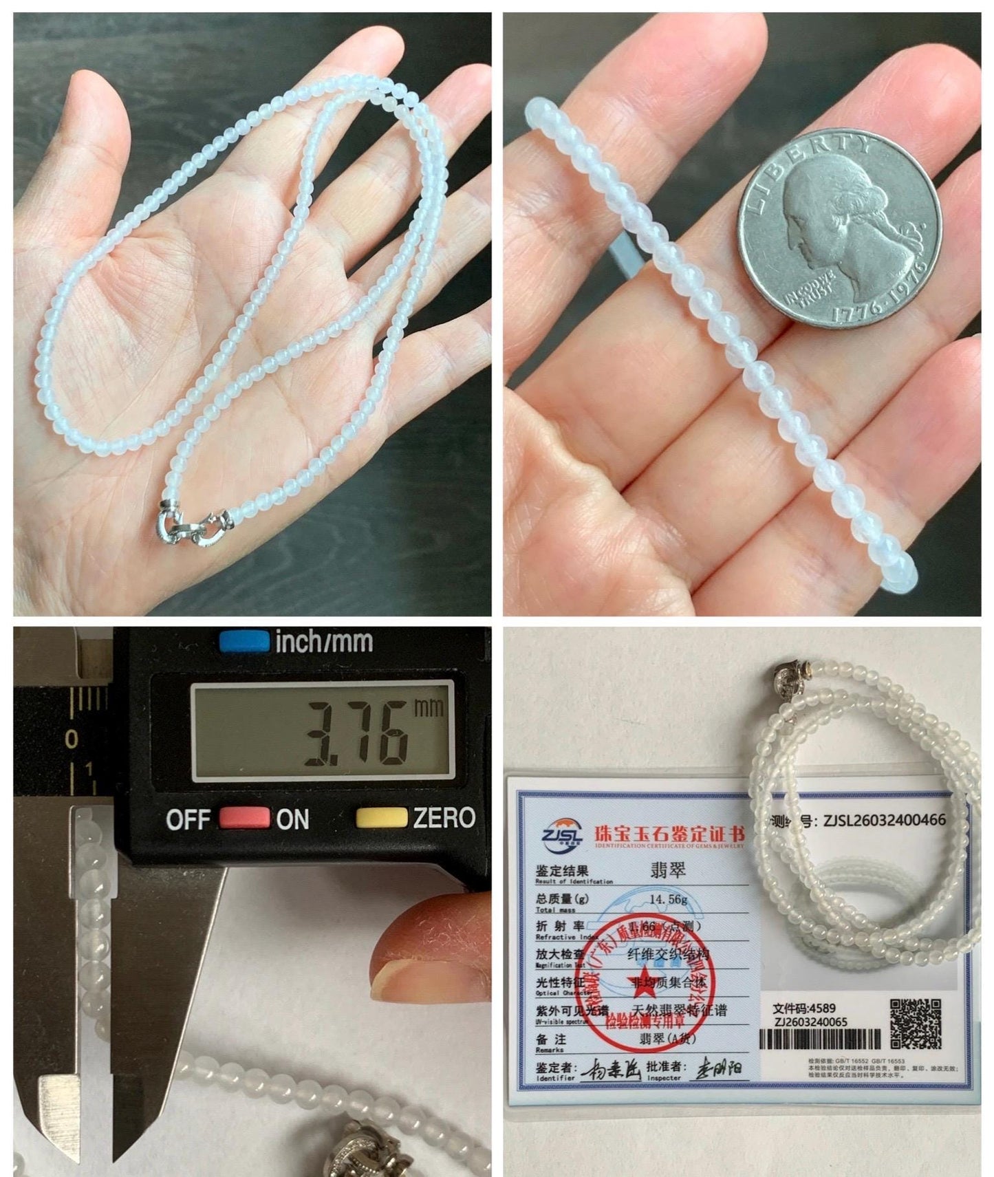 Certified Grade A Natural Icy Highly Translucent Pure White Jade Jadeite Beaded Necklace with Charm 3.7mm 21.75” 14.5g 天然冰起光翡翠圆珠项链 466