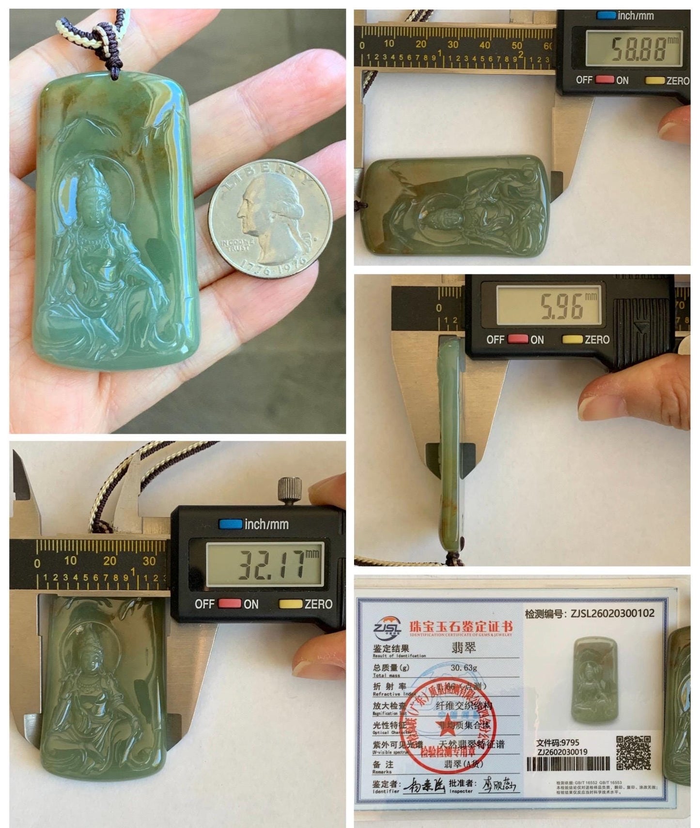 Certified Natural Grade A Icy Translucent Dusty Green Red Marbled Jade Jadeite Bodhisattva Pendant Rope Necklace 天然冰暗绿飘红翡翠山水菩萨吊坠 102