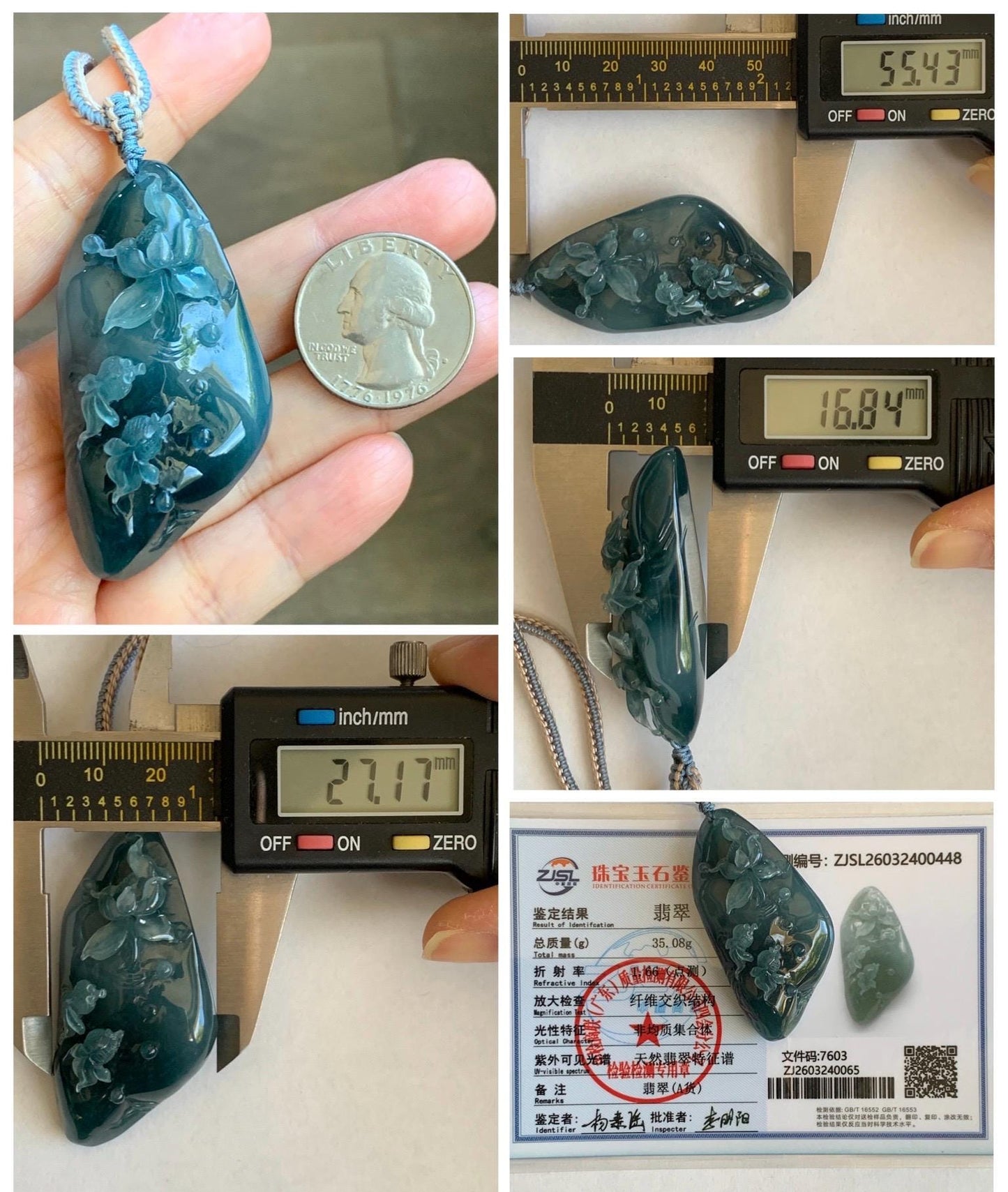 Certified Natural Grade A Guatemalan Icy Translucent Aegean Blue Jade Jadeite Lotus Flower Goldfish Pendant Rope Necklace 天然冰危牛仔蓝翡翠莲花鱼吊坠 448