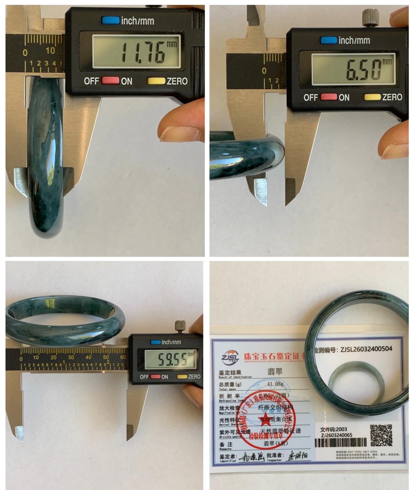 Certified Natural Grade A Guatemalan Icy Translucent Dark Teal Blue Marbled Jade Jadeite Wide Bangle 59.5mm 7.36” 41g 天然冰危深蓝飘花翡翠正圈宽版手镯 504