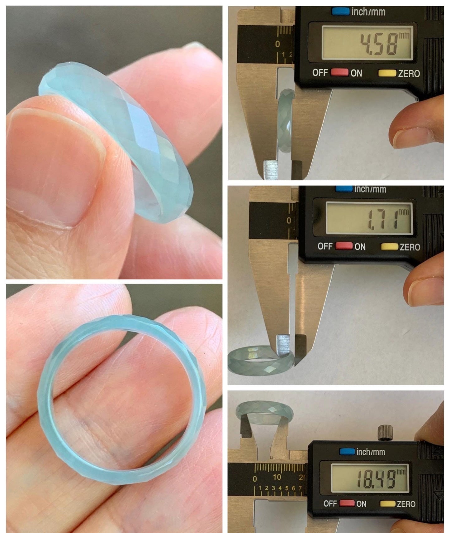 Natural Grade A Guatemalan Icy Highly Translucent Pale Teal Jade Jadeite Diamond Faceted Band Ring Size 8.25 US 天然冰危浅蓝绿翡翠切割面戒圈戒指 WQD110A