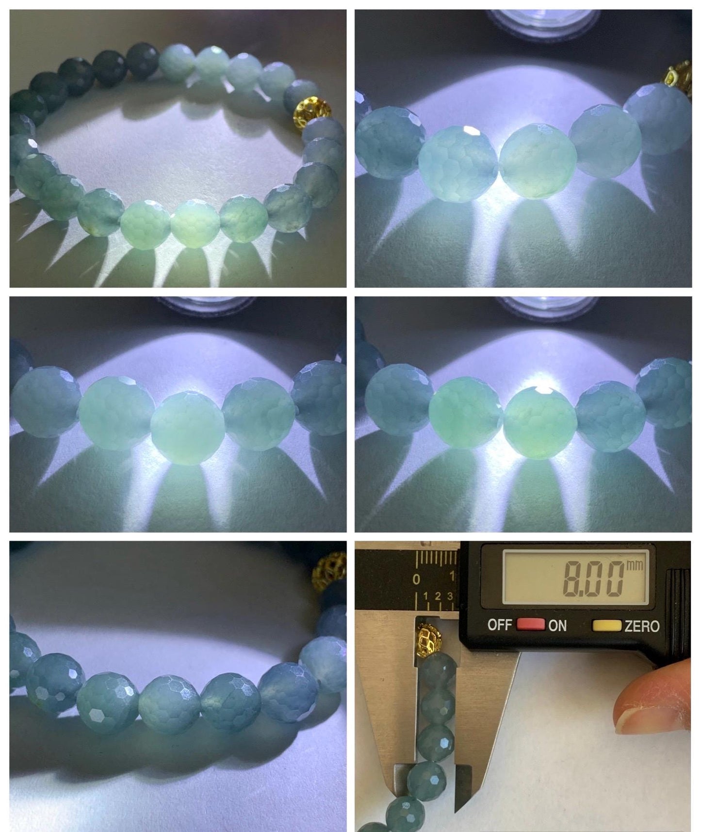 Natural Guatemalan Grade A Icy Translucent Dusty Blue Faceted Jade Jadeite Beaded Bracelet 8mm 7" 19g 天然冰危蓝翡翠切割面圆珠手串 WQG100E
