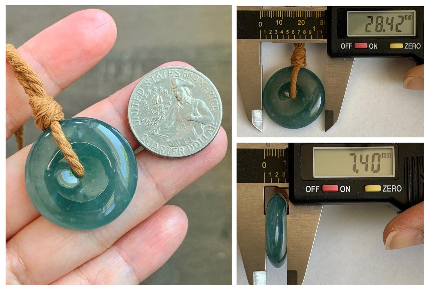 Natural Grade A Guatemalan Icy Translucent Dark Teal Blue Jade Jadeite Ping An Kou Donut Pendant Rope Necklace 24" 天然冰胶危深蓝绿翡翠平安扣吊坠 WSB660B