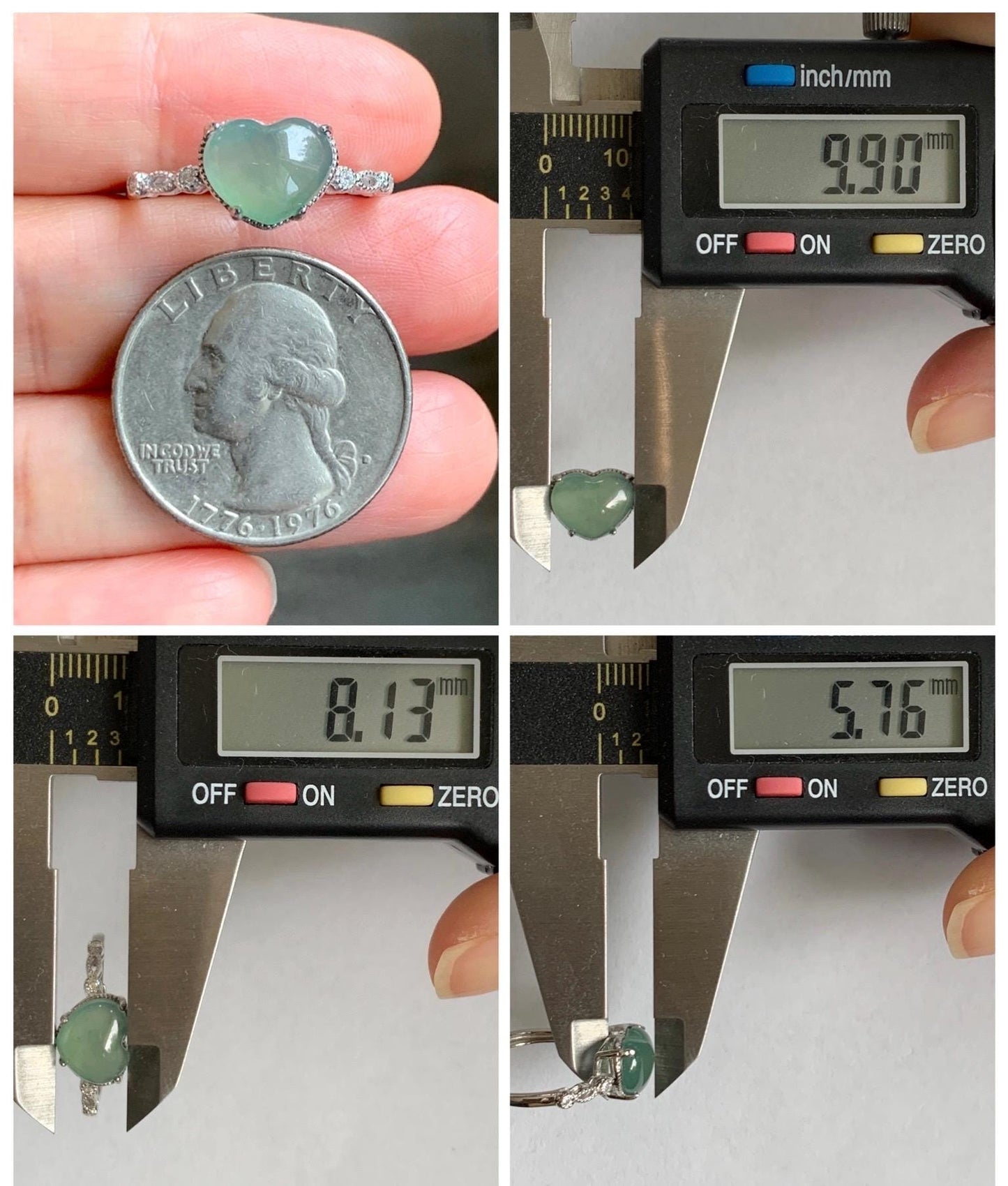 Natural Grade A Guatemalan Icy Highly Translucent Teal Green Heart Jade Jadeite Ring Sterling Silver Size Adjustable 天然冰危浅绿翡翠爱心蛋面银镶戒指 WXX88B