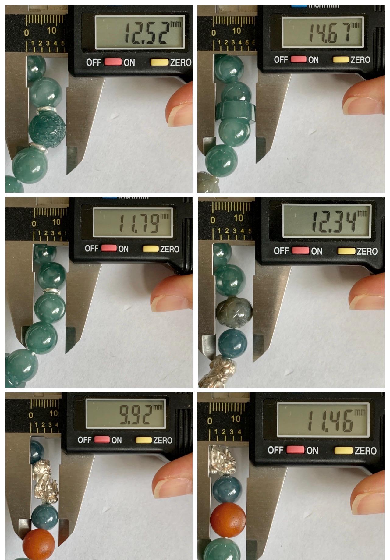 Natural Grade A Guatemalan Icy Dark Dusty Teal Green Jade Jadeite Dragon Bead Beaded Bracelet Sterling Silver 7” 41g 天然冰危暗蓝绿翡翠龙珠手串 WDI298