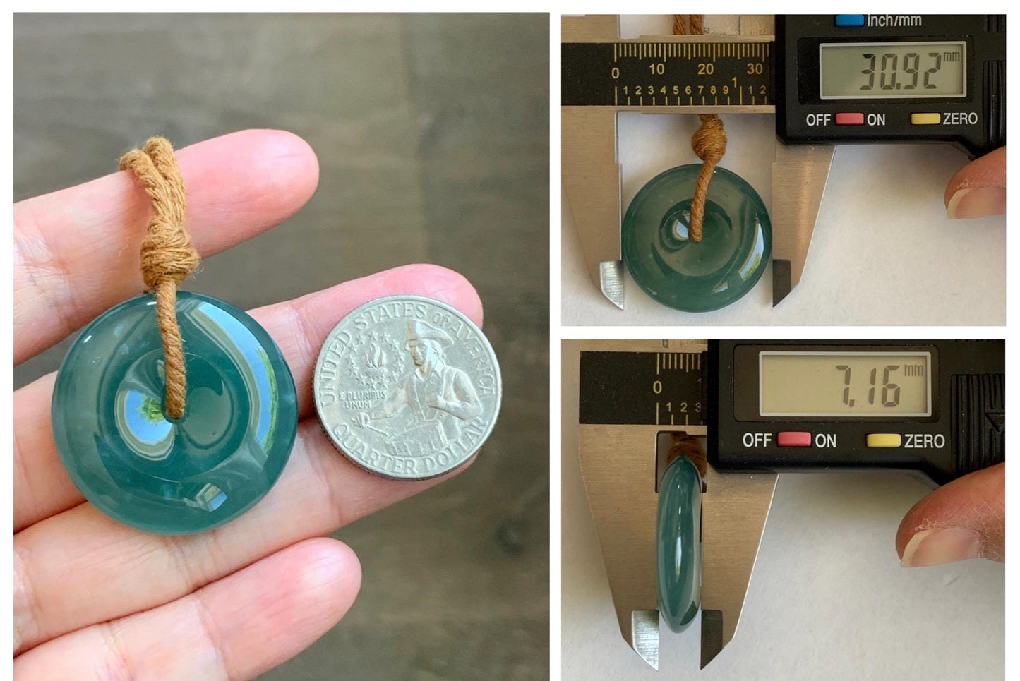 Natural Grade A Guatemalan Icy Translucent Dark Teal Blue Jade Jadeite Ping An Kou Donut Pendant Rope Necklace 25" 天然冰胶危深蓝绿翡翠平安扣吊坠 WSB660A