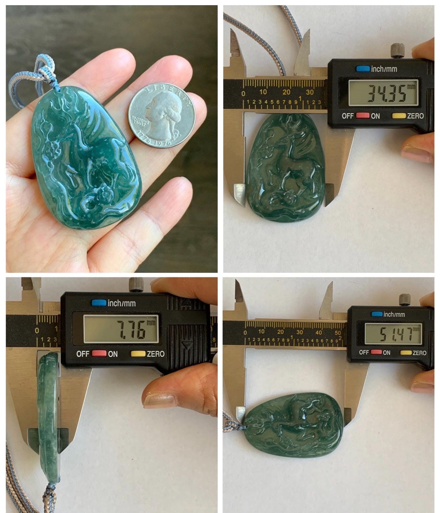 Natural Grade A Guatemalan Icy Translucent Dark Teal Blue Jade Jadeite Deer Cherry Blossom Pendant Rope Necklace 27g 天然冰胶危蓝绿翡翠梅花鹿吊坠 WML220