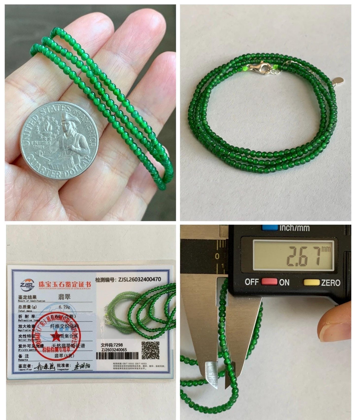 Certified Natural Grade A Guatemalan Icy Vibrant Green Jade Jadeite Petite Beaded Necklace Sterling Silver 2.5-2.7mm 6.79g 天然冰危绿翡翠小圆珠项链 470