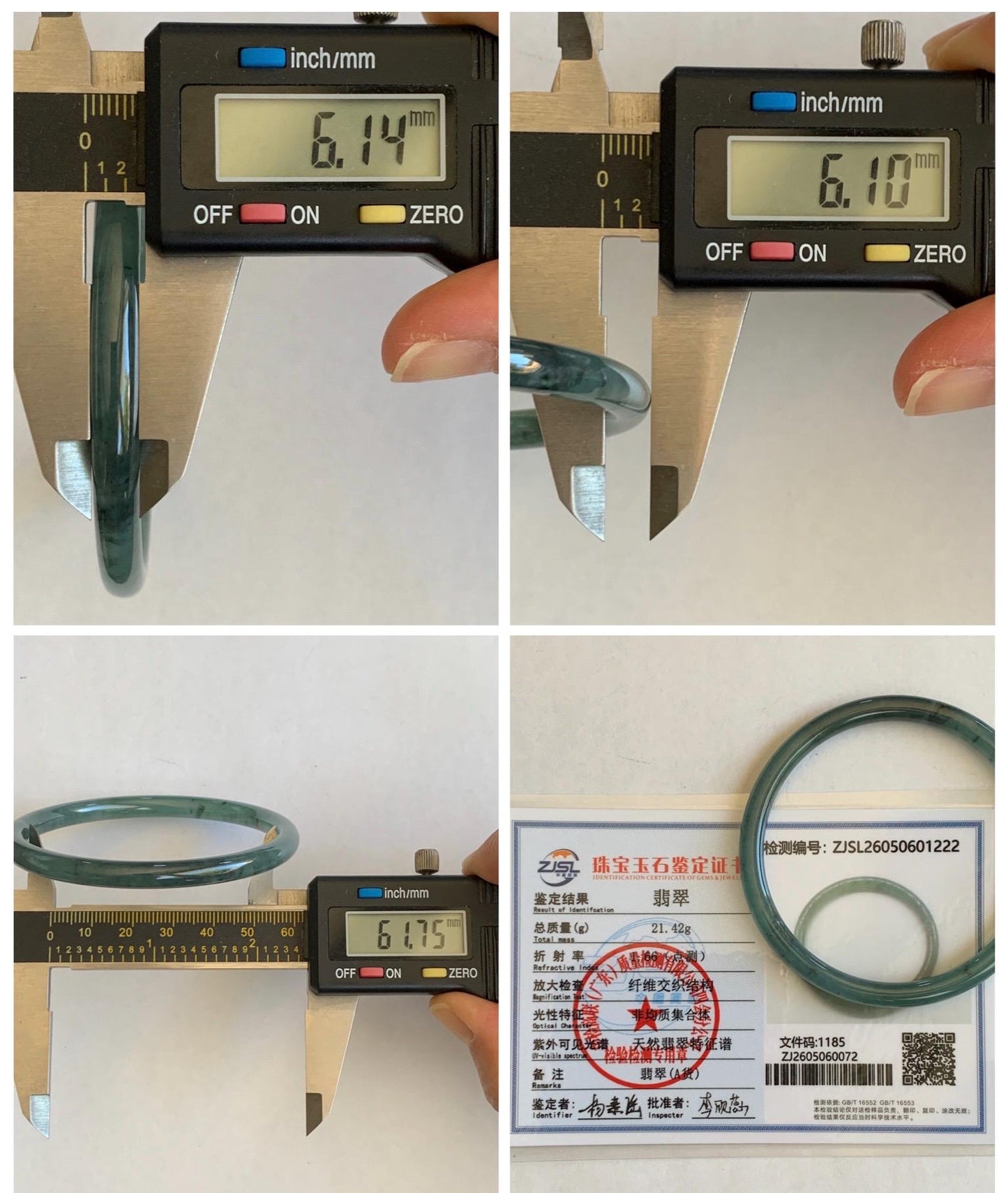 Certified Natural Grade A Guatemalan Icy Translucent Dusty Teal Green Jade Jadeite Slim Bangle 61.75mm 7.63” 21.4g 天然冰胶危蓝绿翡翠细圆条手镯 1222