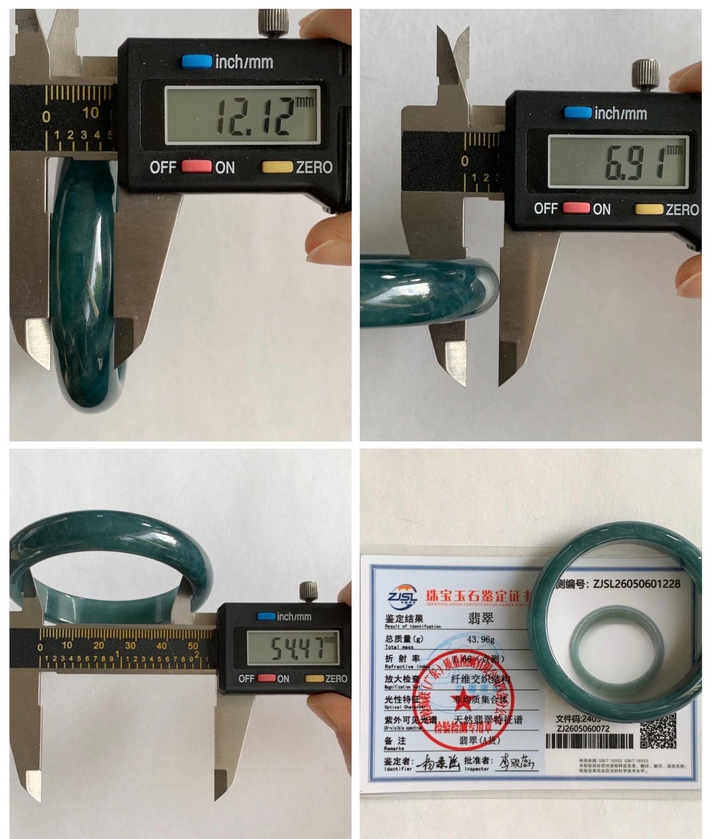Certified Natural Grade A Guatemalan Icy Translucent Dark Teal Blue Jade Jadeite Wide Bangle 54.47mm 6.73” 44g 天然冰危蓝绿翡翠正圈宽版手镯 1228
