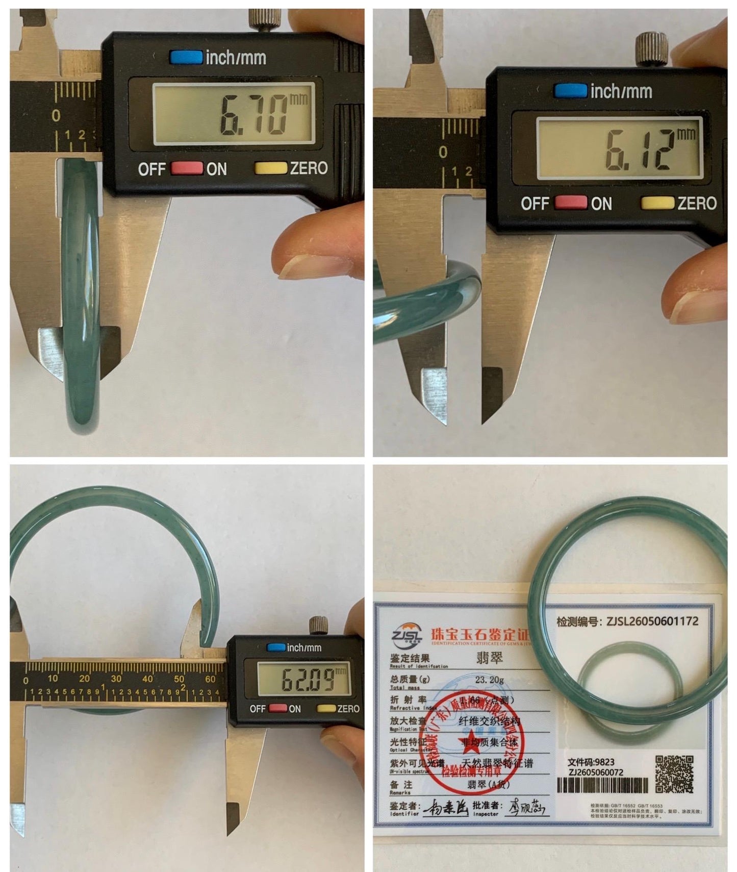 Certified Natural Grade A Guatemalan Icy Translucent Dusty Teal Green Jade Jadeite Slim Bangle 62.09mm 7.67” 23g 天然冰胶危蓝绿翡翠细圆条手镯 1172