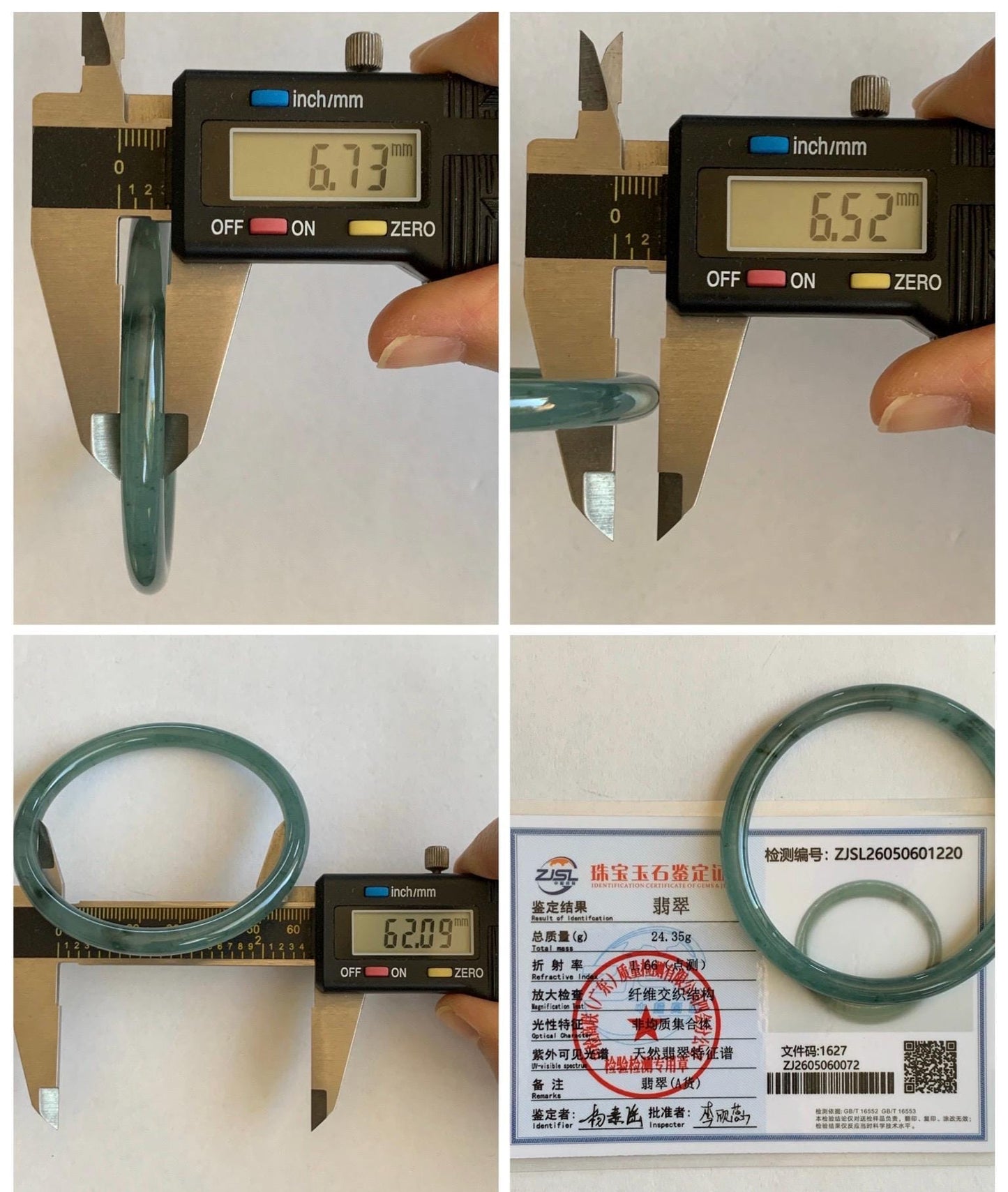 Certified Natural Grade A Guatemalan Icy Translucent Dusty Teal Green Jade Jadeite Slim Bangle 62.09mm 7.67” 24.35g 天然冰胶危蓝绿翡翠细圆条手镯 1220