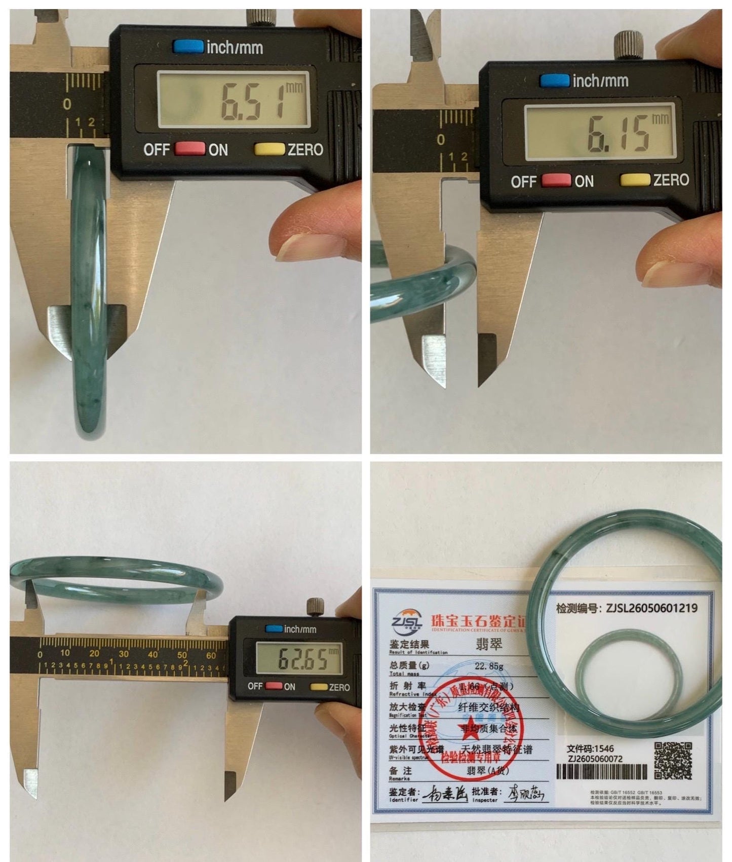 Certified Natural Grade A Guatemalan Icy Translucent Dusty Teal Green Jade Jadeite Slim Bangle 62.65mm 7.74” 22.85g 天然冰胶危蓝绿翡翠细圆条手镯 1219