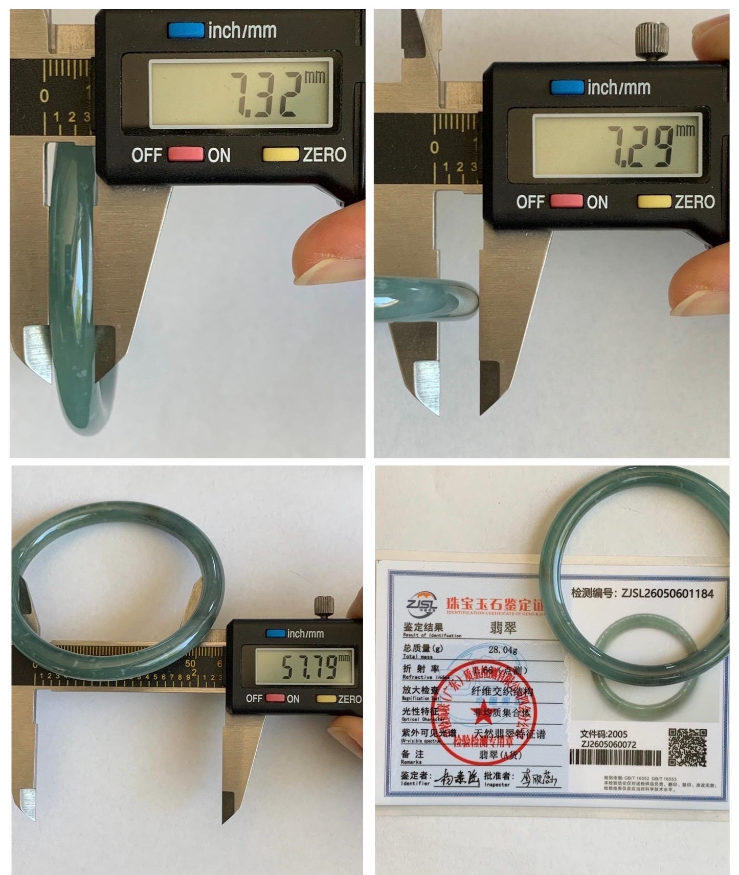 Certified Natural Grade A Guatemalan Icy Translucent Teal Green Wuji & Yellow Marbled Jade Jadeite Bangle 57.8mm 7.14” 天然冰胶危绿乌鸡撒金翡翠圆条手镯 1184