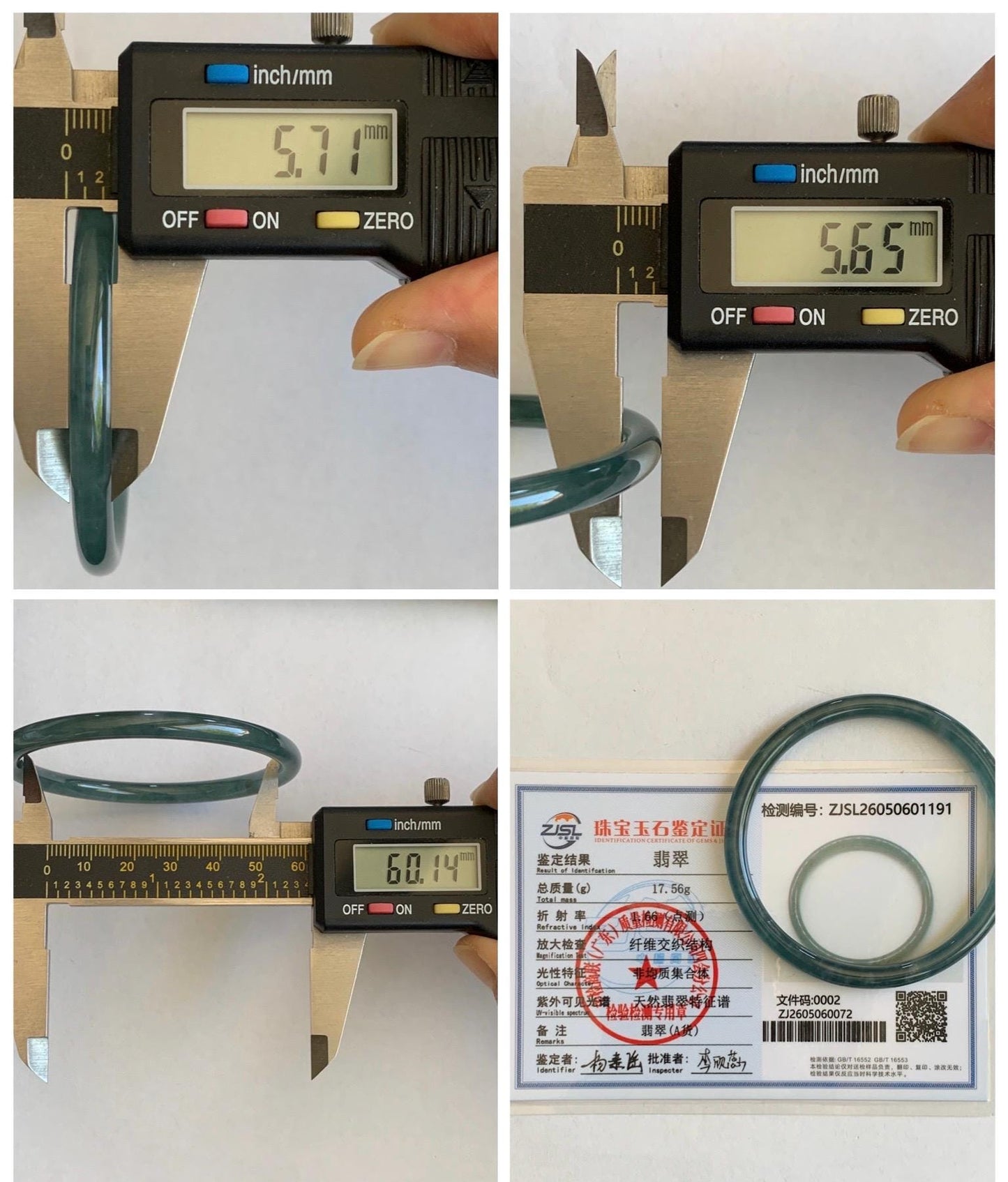 Certified Natural Grade A Guatemalan Icy Translucent Dark Teal Green Jade Jadeite Slim Bangle 60.14mm 7.43” 17.5g 天然冰胶危深蓝绿翡翠细圆条手镯 1191